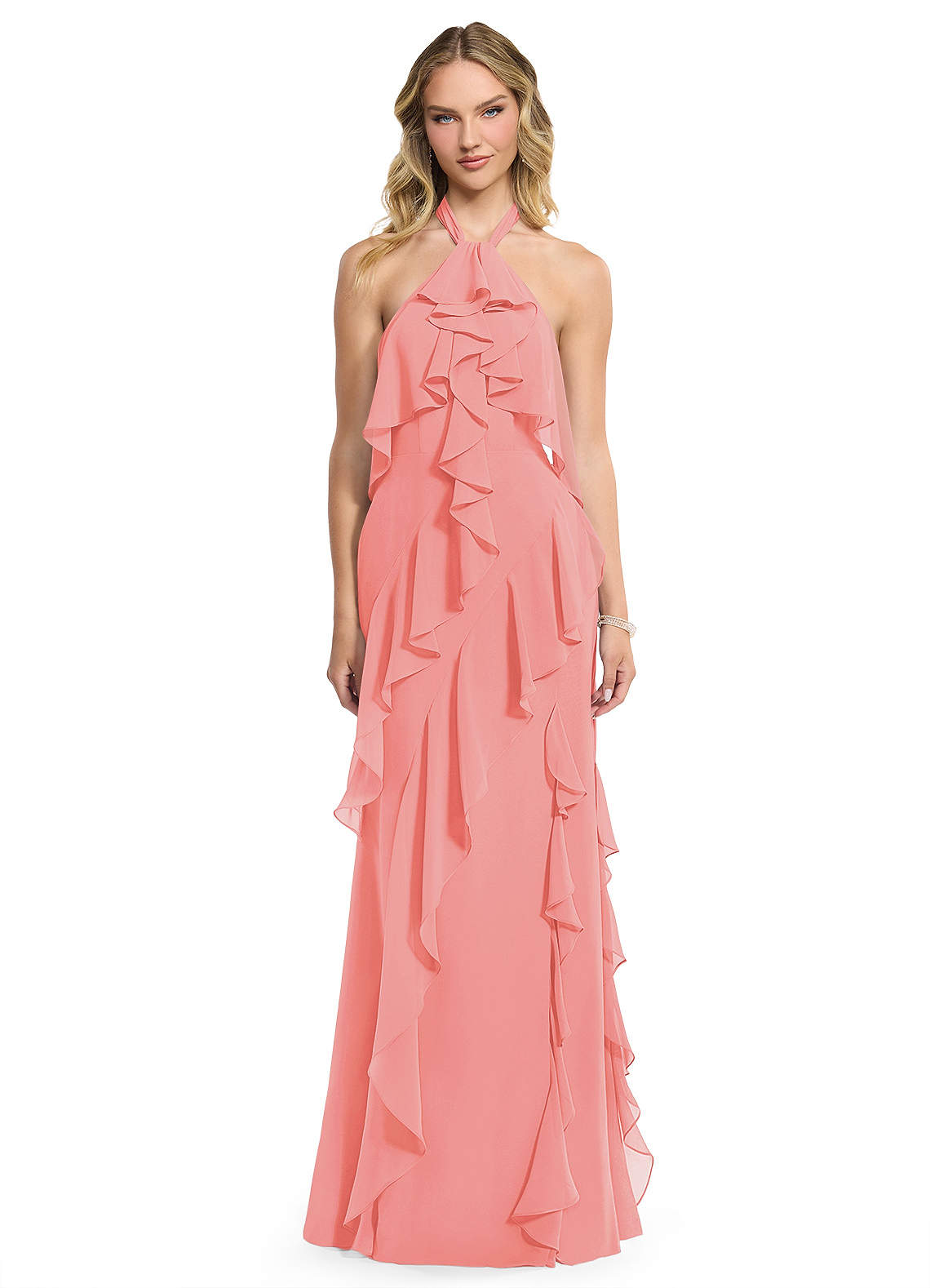 Azazie Velma Bridesmaid Dresses Coral A-Line Side Slit Chiffon Dress image1