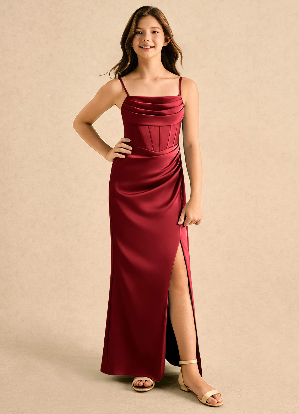 girls red formal dress Azazie A-Line/Princess Cowl Neck Floor-Length Stretch Satin Girl Dresses color_Black Golden