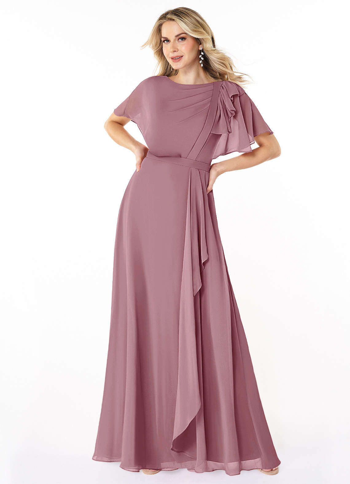 modest pink bridesmaid dresses Briana Scoop Short Sleeves Long Chiffon Dresses, Blushing A Zipper closure Azazie Daphne Powder Pink Modest