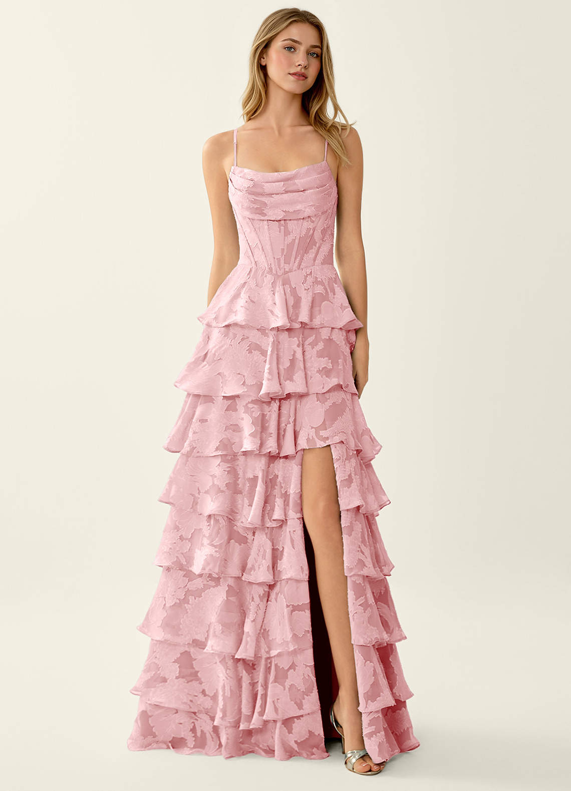 Wrenana Coral Pink Textured Floral Jacquard Prom Dress | Azazie