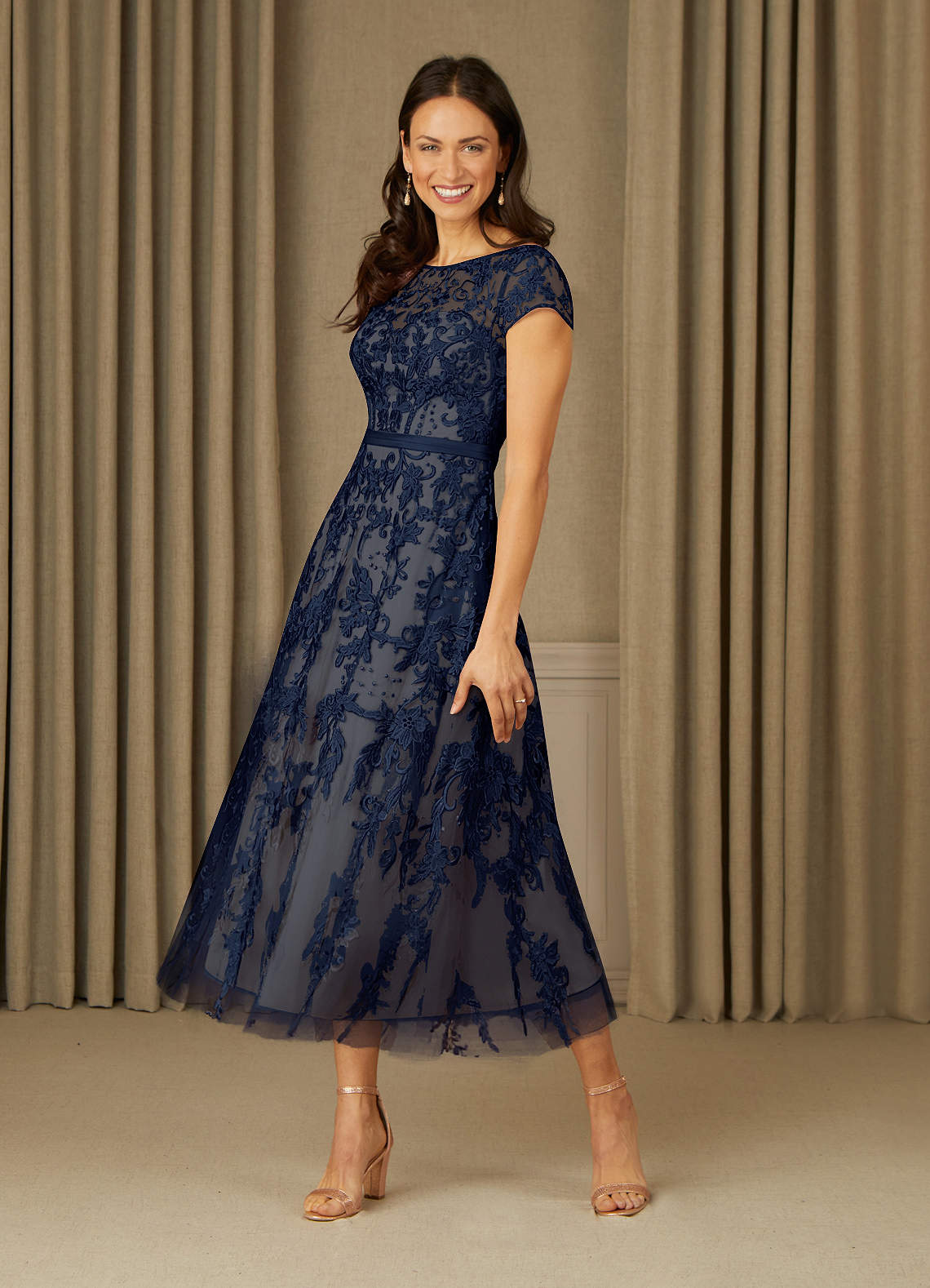 Azazie Sanna Dark Navy Champagne A-Line Scoop Lace Tulle Dress | Azazie