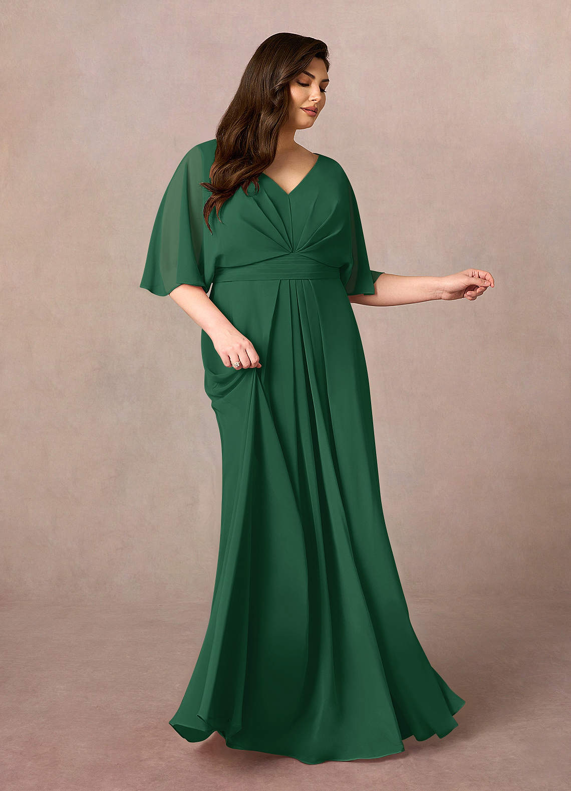 Azazie Oksana Dark Green A-Line V-Neck Pleated Chiffon Dress | Azazie