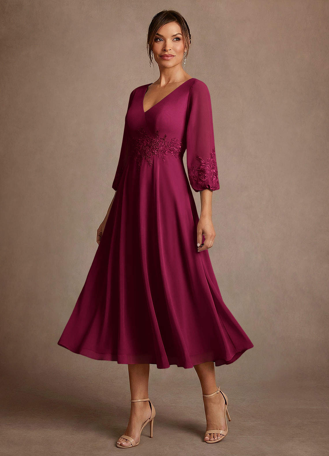 Azazie Ana Burgundy A-Line Lace Chiffon Dress