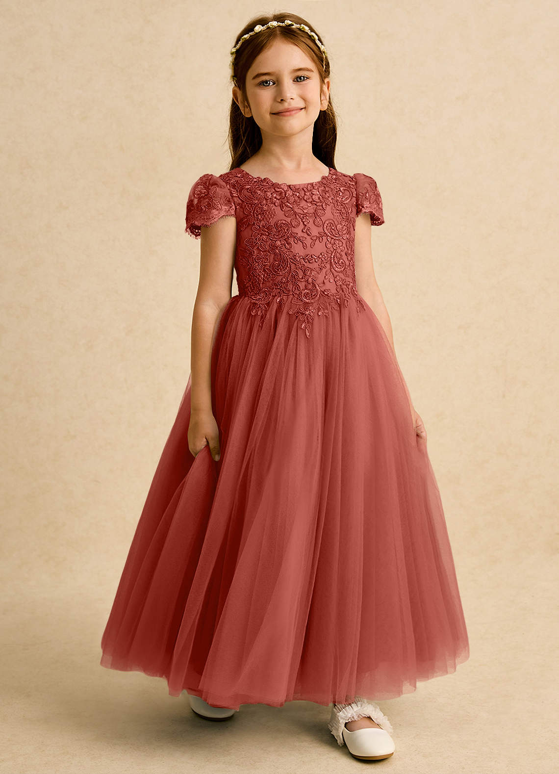 Azazie Puff Robe Demoiselle D'honneur Fillette Robe Princesse en Tulle Dentelle Terracotta image5
