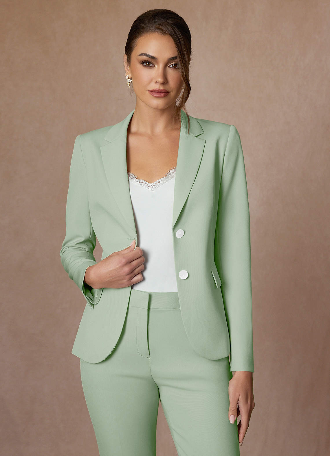 front Whitney Dusty Sage Structured Stretch Cropped Pants Suit