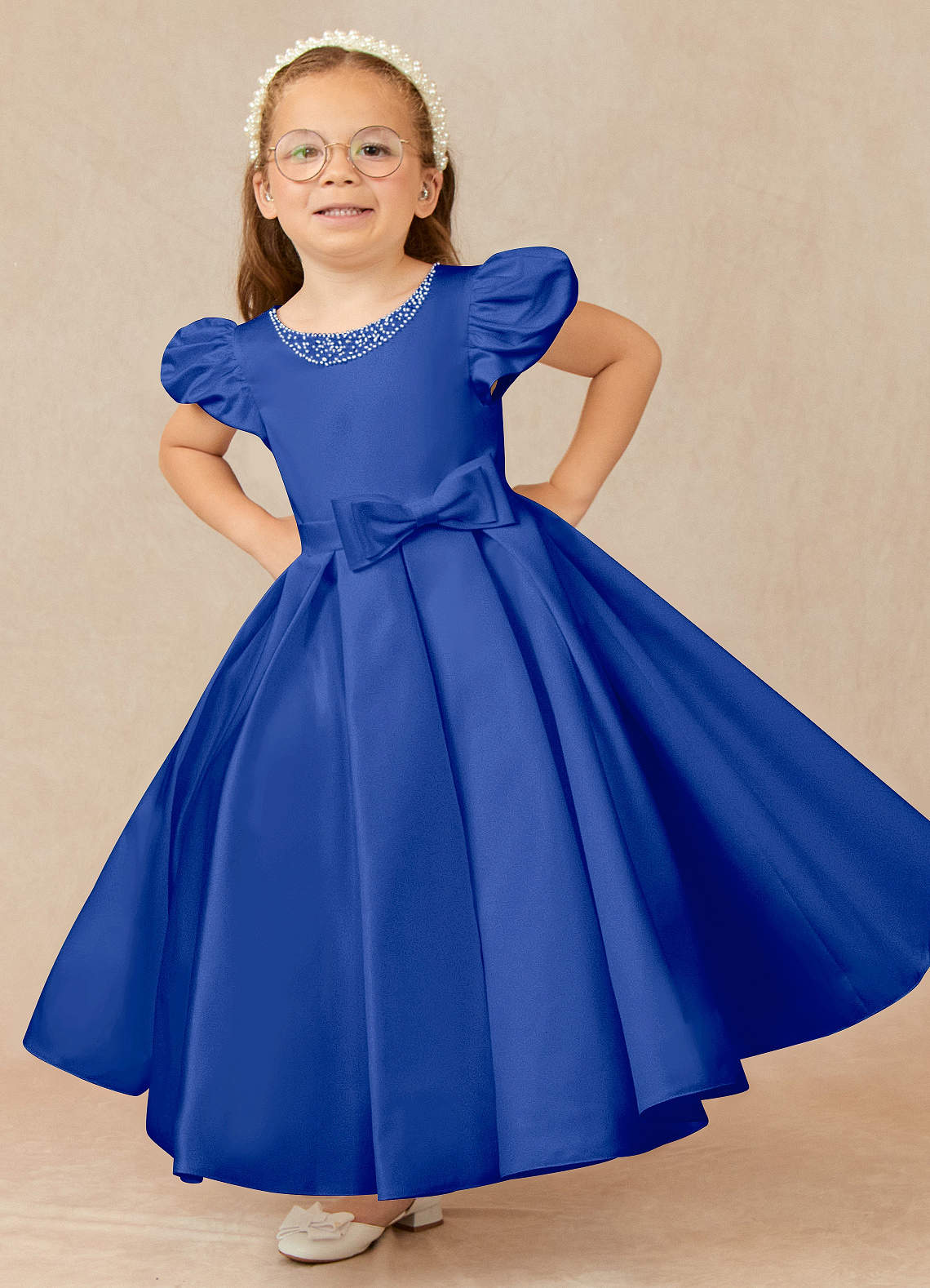 Azazie Jewel vestidos de niña de las flores Vestido de Azul Real de Satin Mate de Princesa con Plisado image1