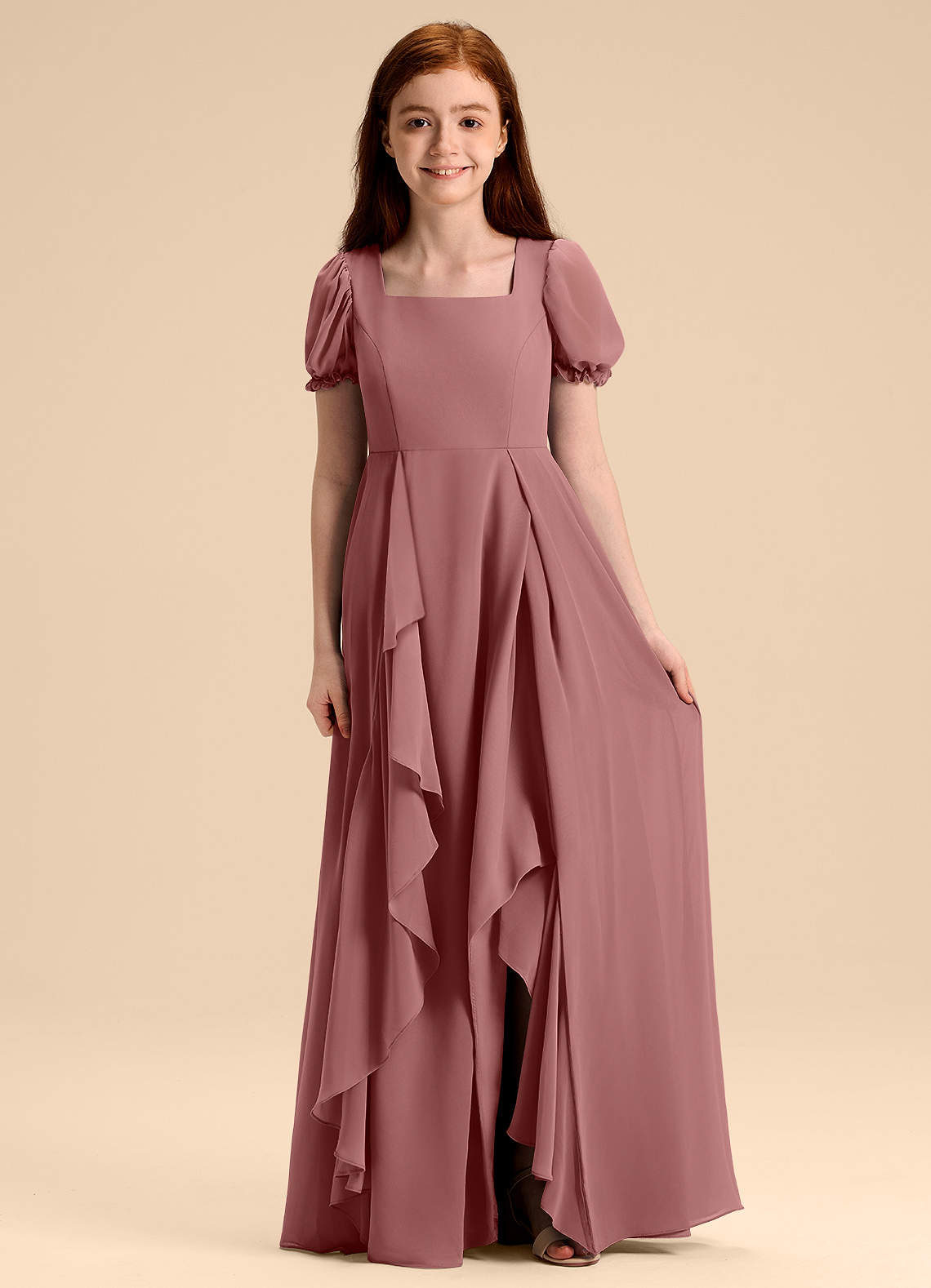 Azazie Priya Junior Robe Trapèze en Mousseline de soie Blouson Rose Du Désert image1