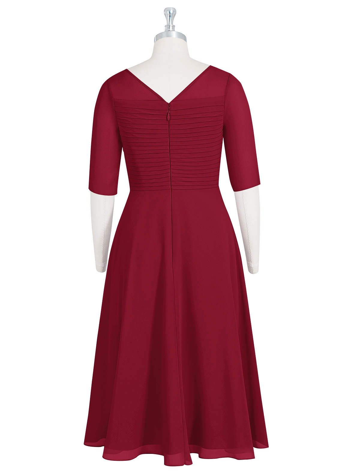 Azazie Naomi At-home Try On Dresses Burgundy A-Line Boatneck Pleated Chiffon Dress image7