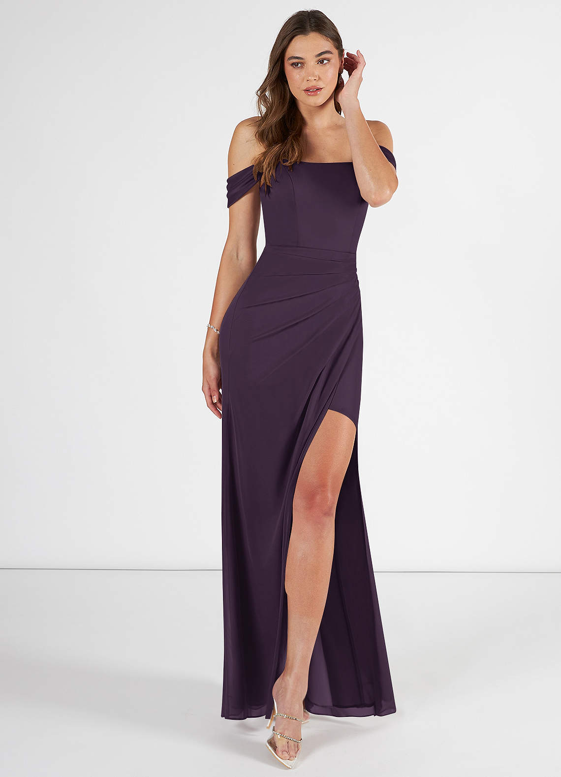 Azazie Kit Bridesmaid Dresses Plum Mermaid Off the Shoulder Mesh Dress image1