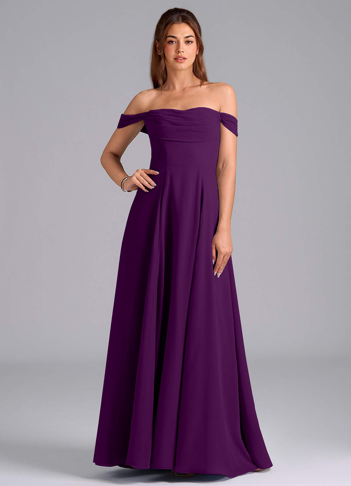 Azazie Almina Jurken voor bruidsmeisjes Converteerbaar Jurk van Chiffon met A-Lijn Off the Shoulder Druif image1