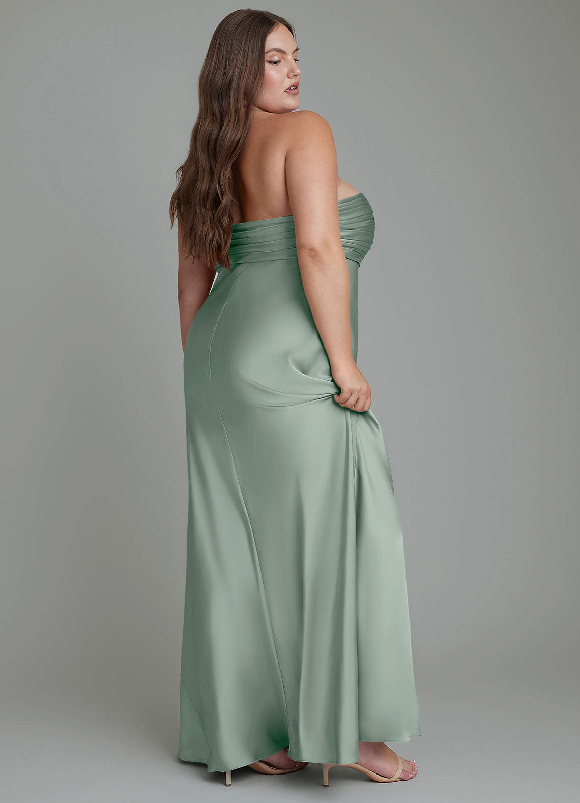 Azazie Saylor At-home Try On Dresses Agave Mermaid Strapless Stretch Satin Dress image11