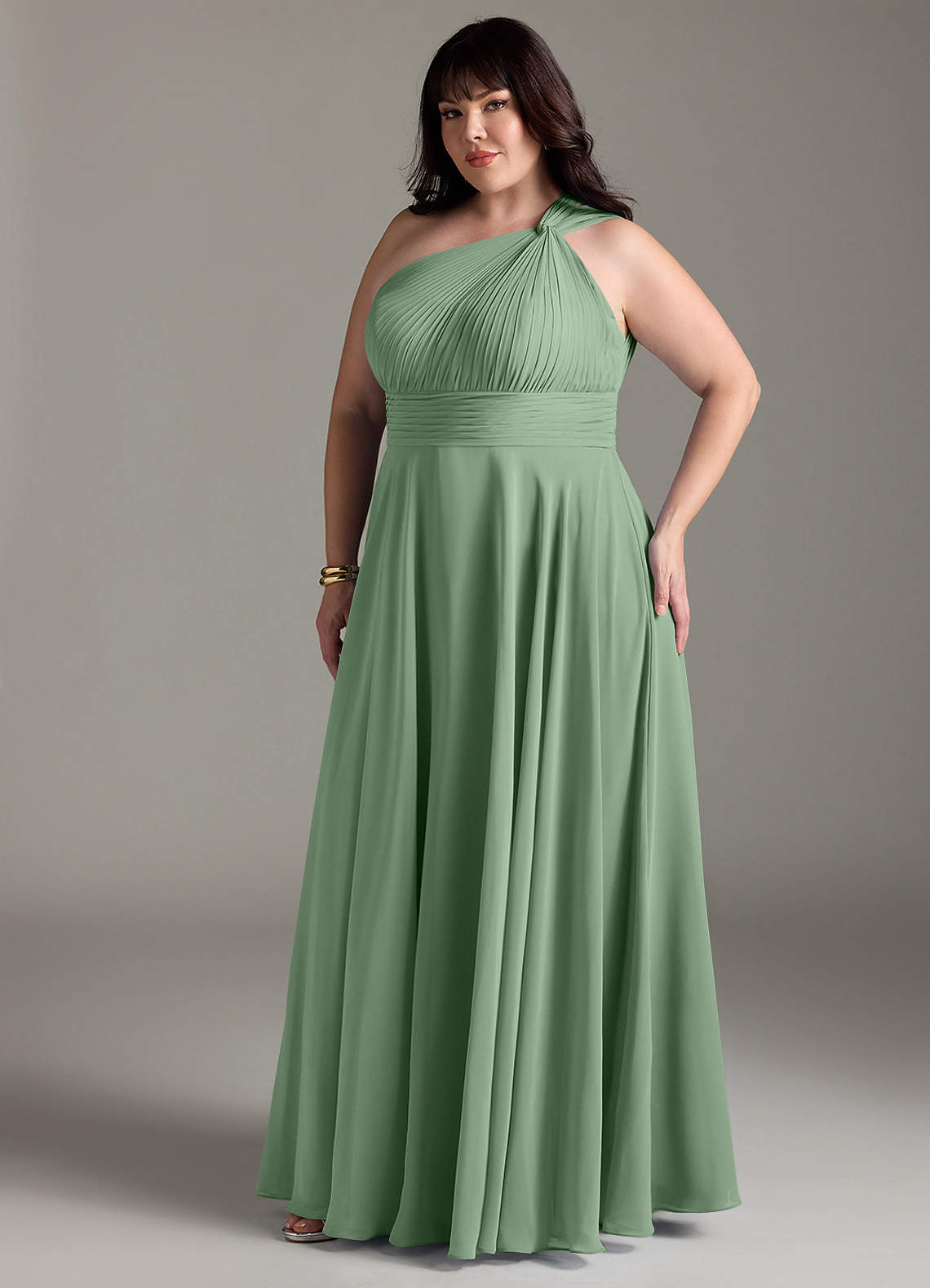 Azazie Charlize Jurken voor bruidsmeisjes Jurk van Chiffon met A-Lijn One-Shoulder Matcha image10