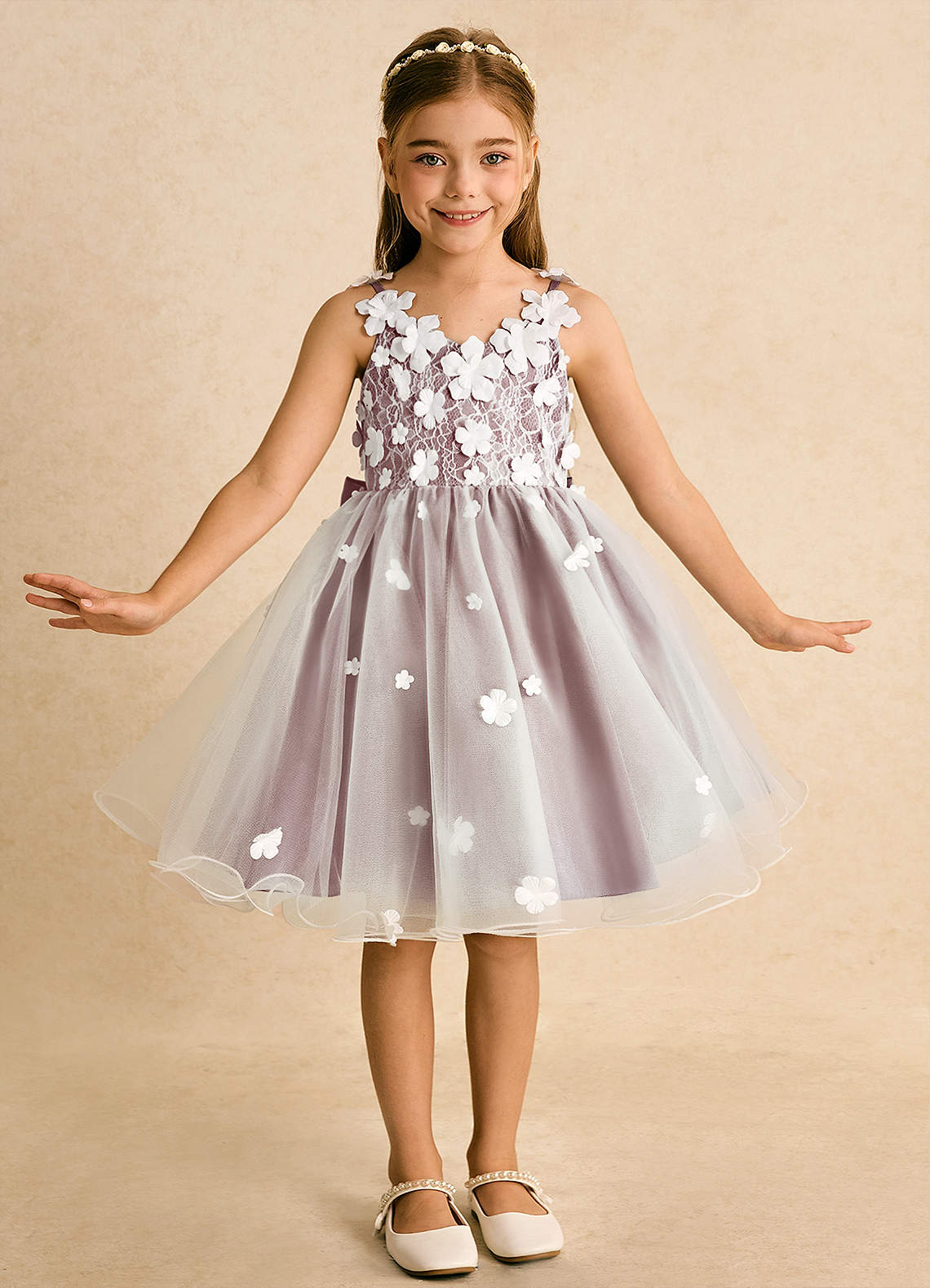 Azazie Junebug Flower Girl Dresses Ivory Dusty Rose Ball-Gown Lace Tulle Dress image2