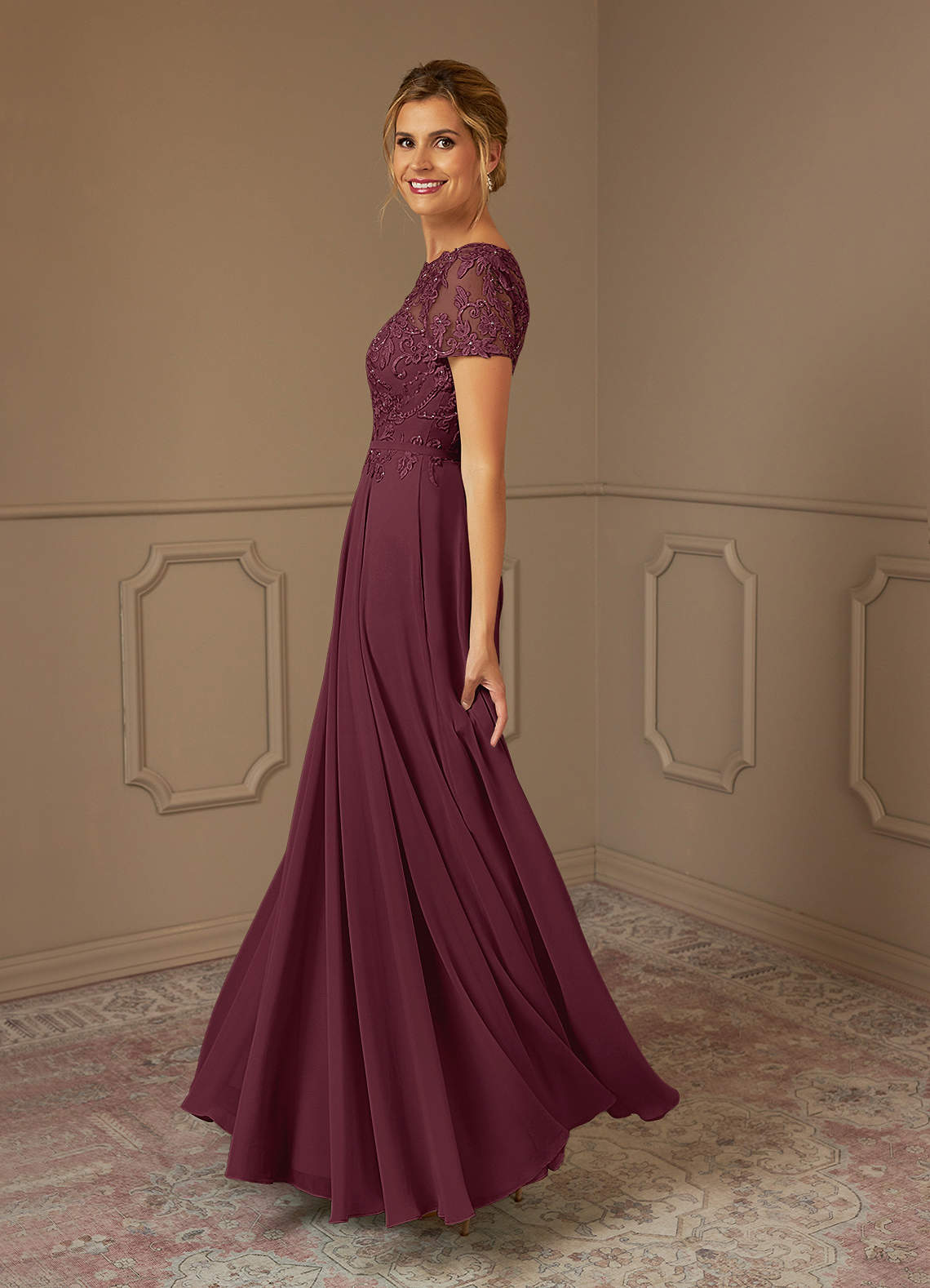 Azazie Adina vestidos de madre de la novia Vestido de Cabernet de Gasa de Corte En A con Cuello barco Lentejuelas image2