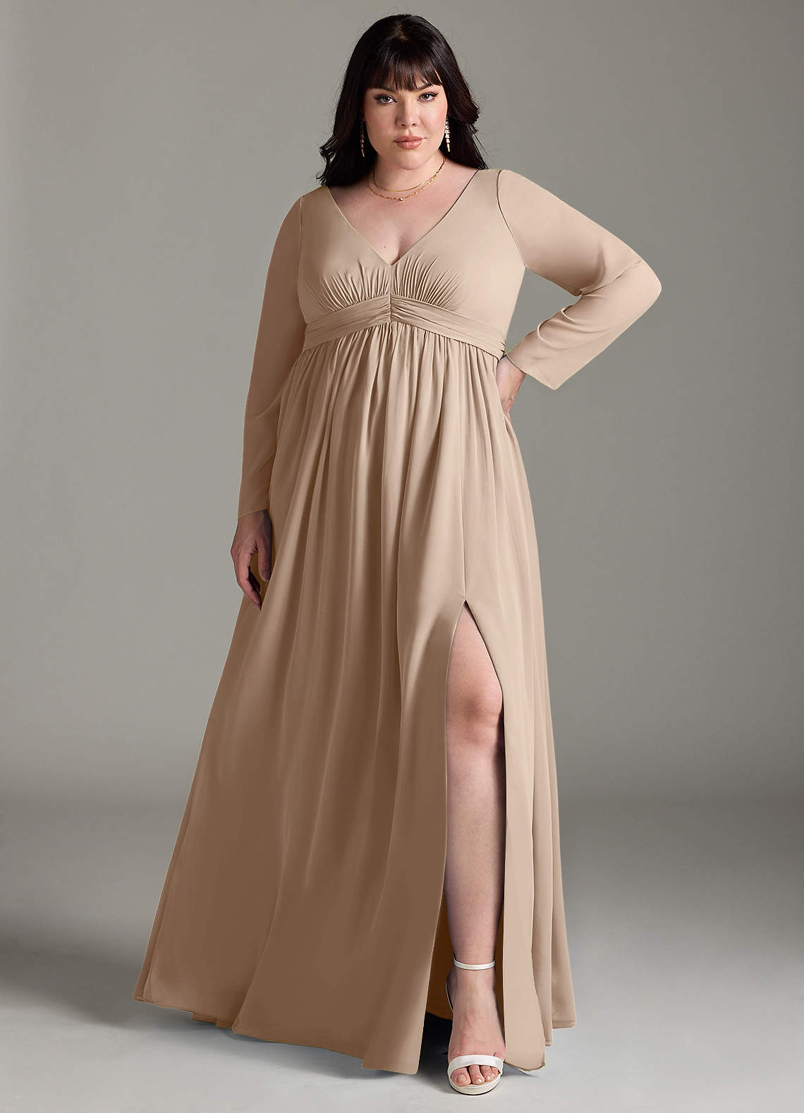 Azazie Teton Maternity Bridesmaid Dresses A-Line Long Sleeve Chiffon Floor-Length Dress image6