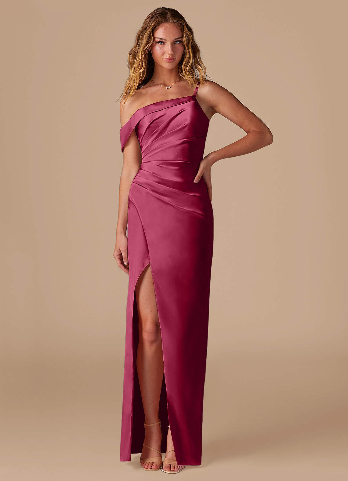 Azazie Lia Bridesmaid Dresses Burgundy Sheath Off the Shoulder Metallic Satin Dress image1