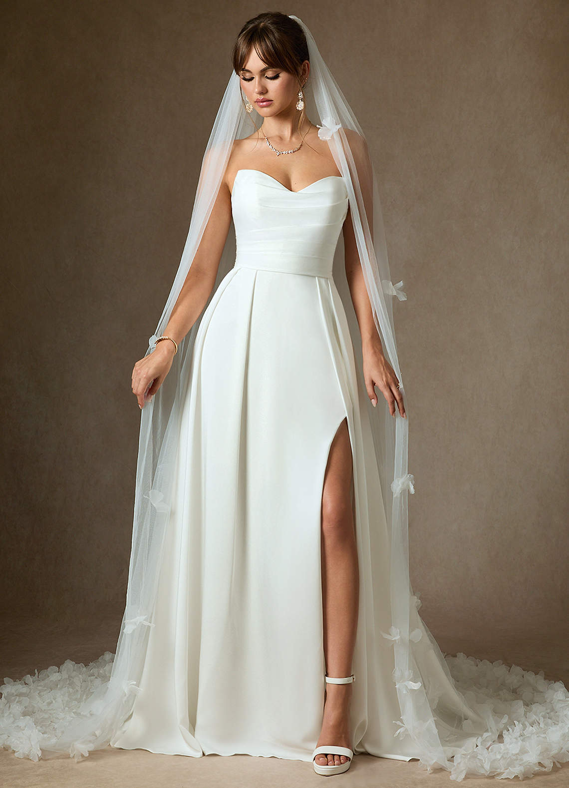 front Scattered 3D Flowers Cathedral Length Veil