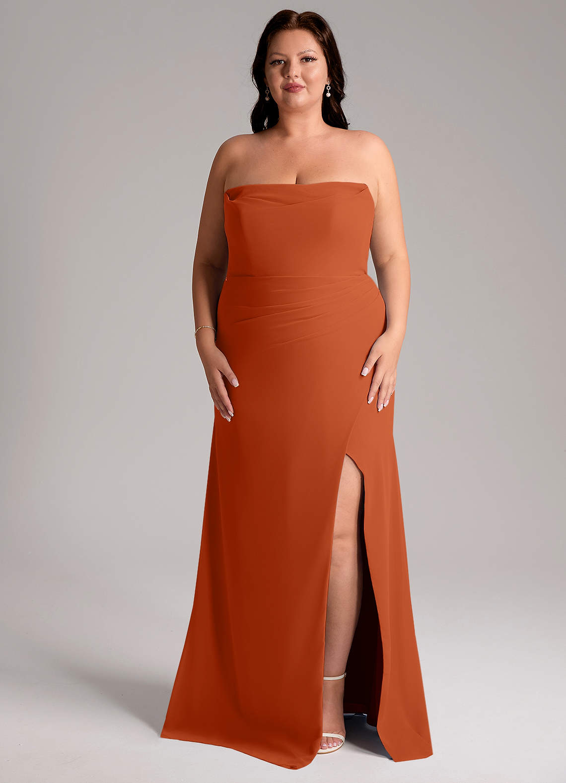 Azazie Leonis Vestidos de madrinha de casamento Vestido Laranja Queimada de Chiffon de Bainha com Sem alças image10