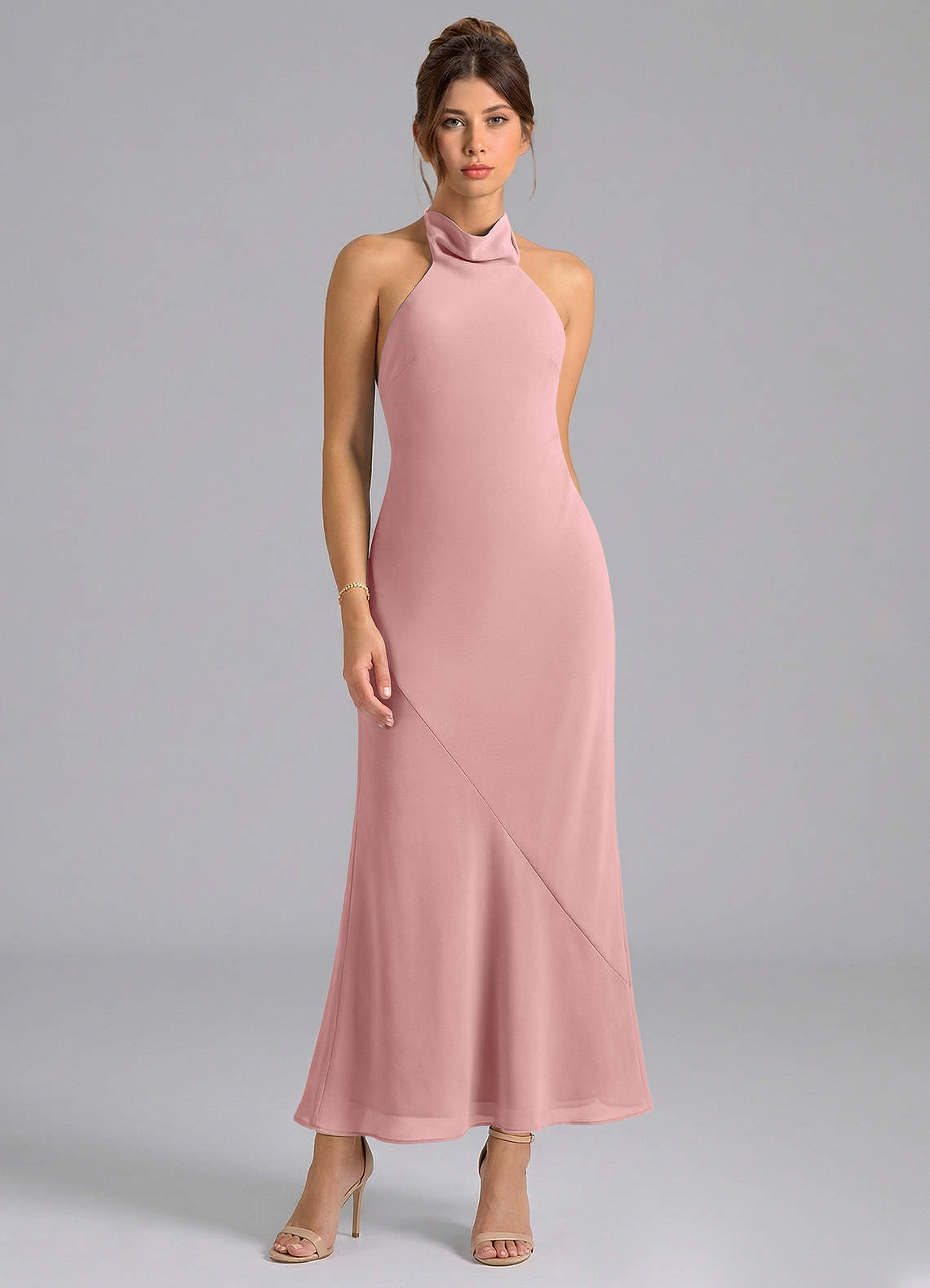 Azazie Velli At-home Try On Dresses Dusty Rose Mermaid High Neck Chiffon Dress image4