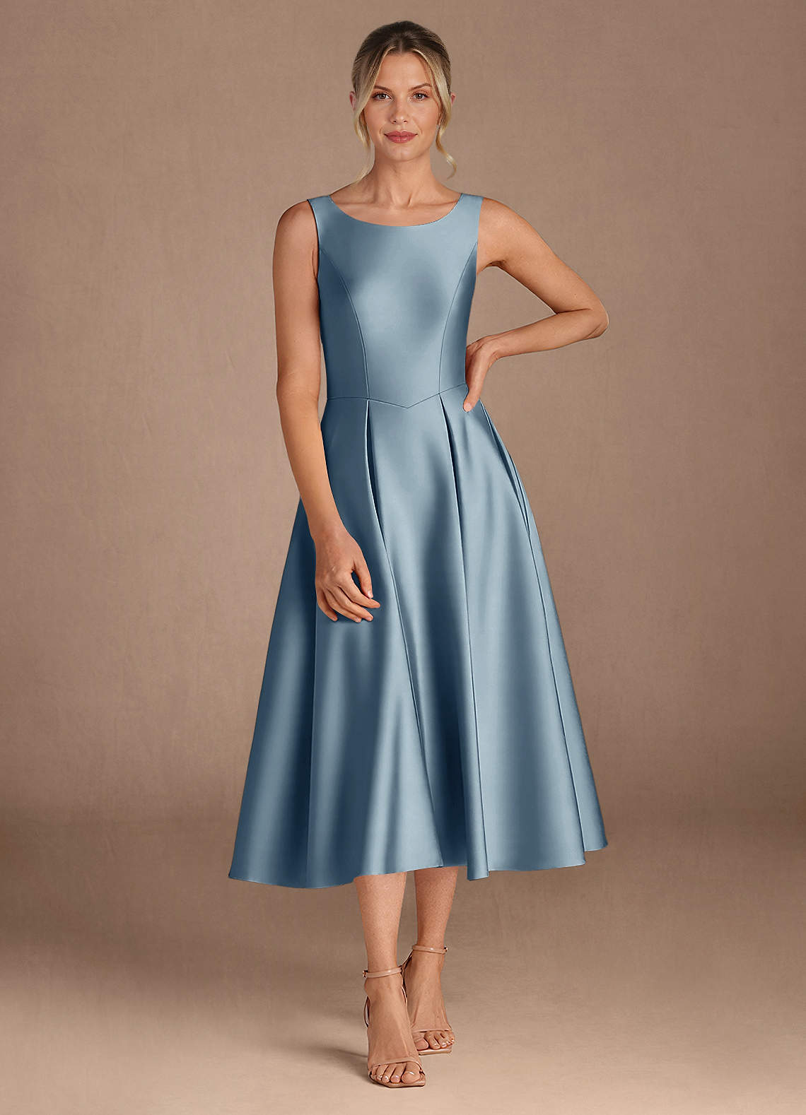 Azazie Fulton Abiti per la Madre della Sposa Abito A-Line in Raso Elasticizzato Plissettato Blu Polveroso image3