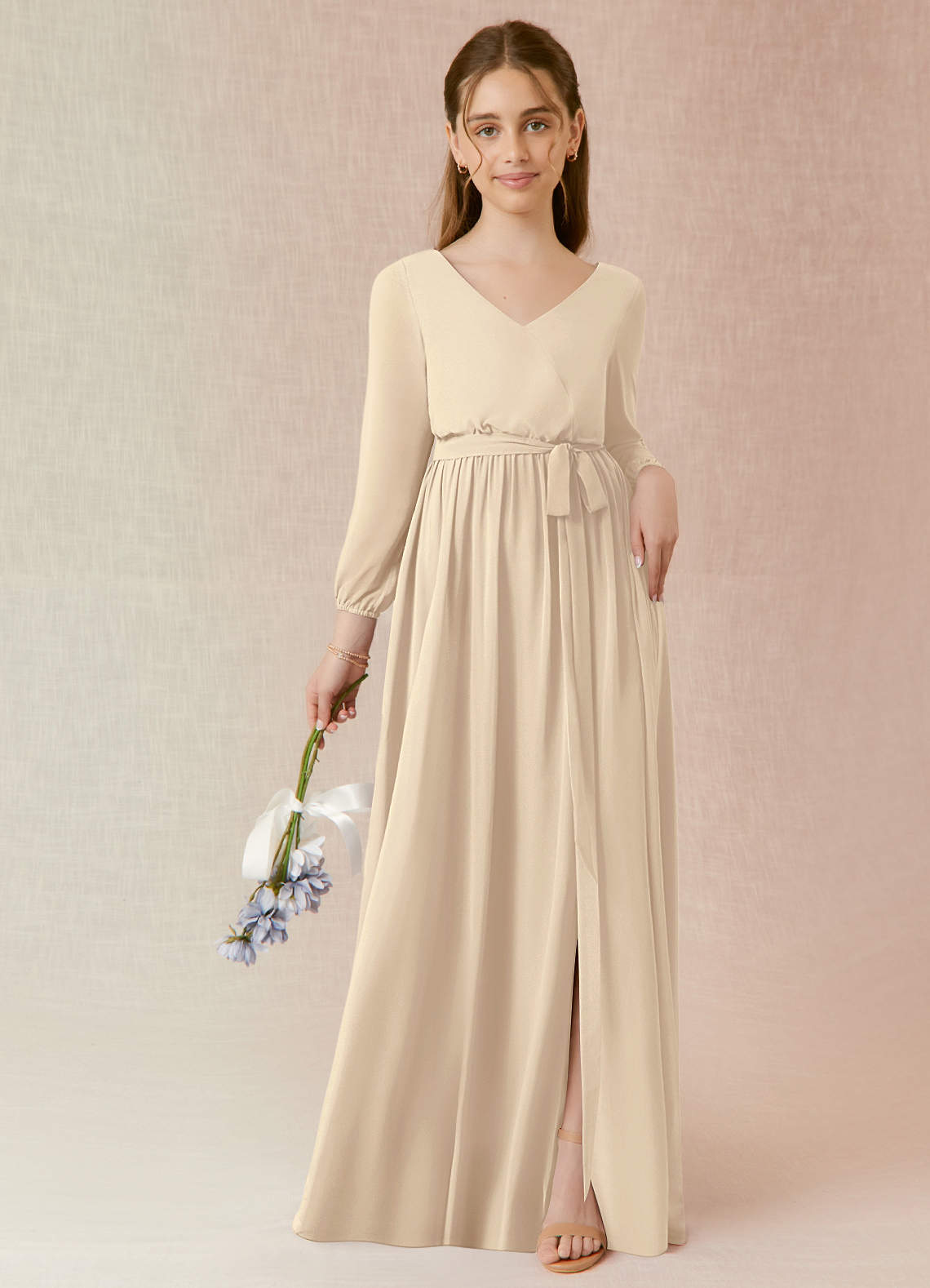 Azazie Angelica Junior Champagne A-Line Pleated Chiffon Dress image1