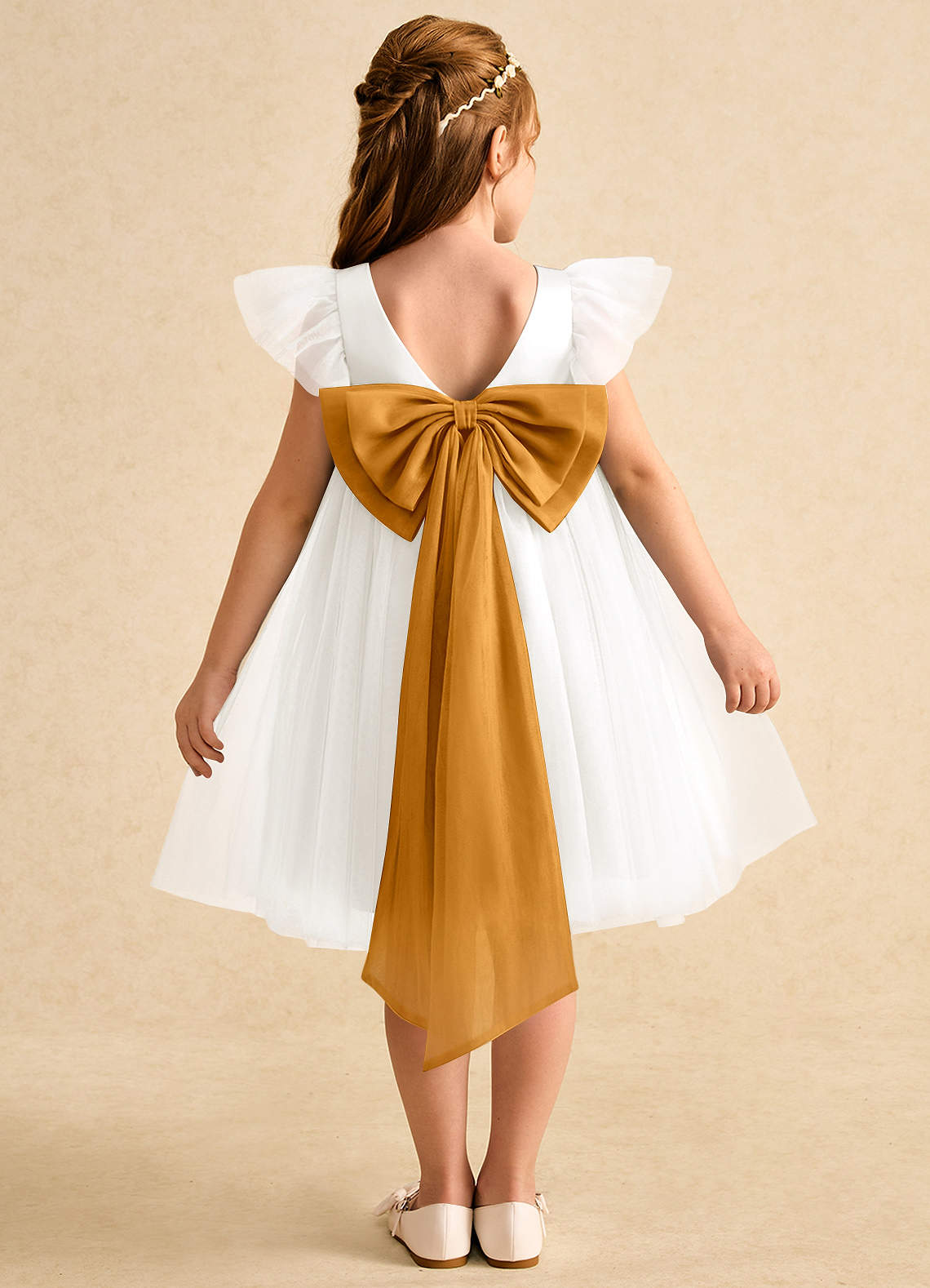 Azazie Munchkin Abiti da Ragazza di Fiori Abito A-Line in Tulle Fiocco Avorio Caramello image1