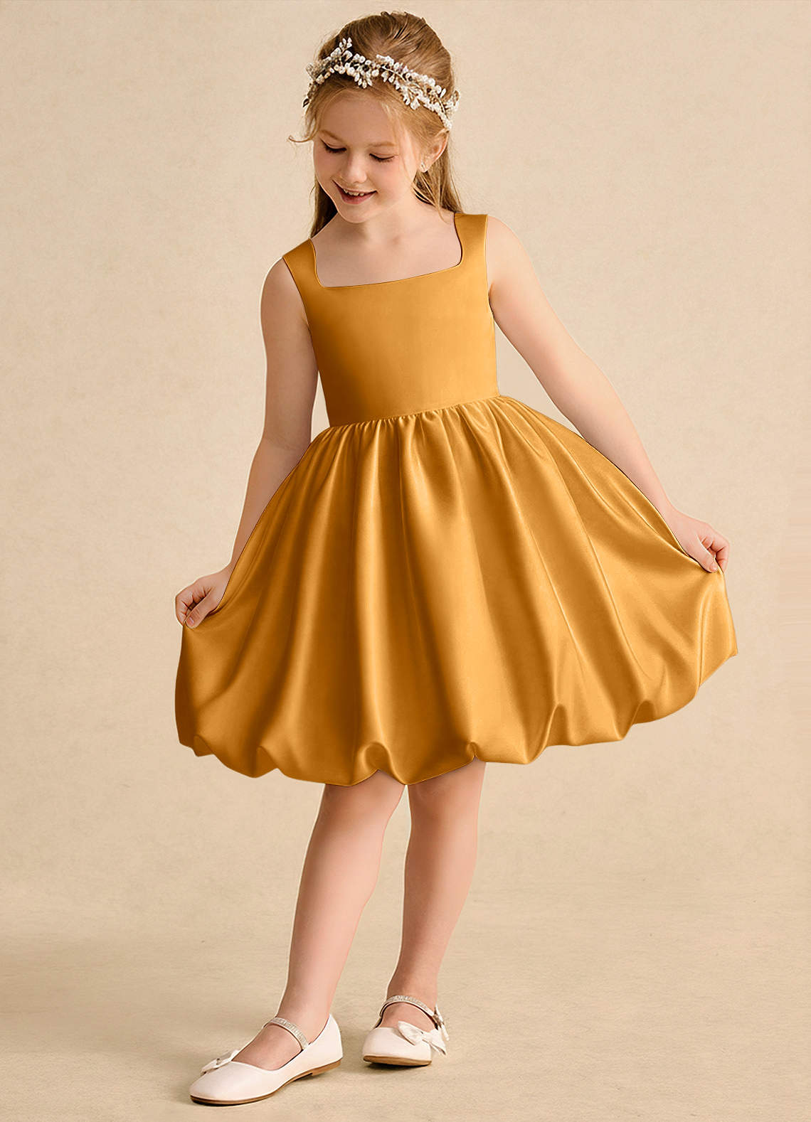 Azazie Nirvana Robe Demoiselle D'honneur Fillette Robe Princesse en Mat Satiné Rayé Caramel écossais image2