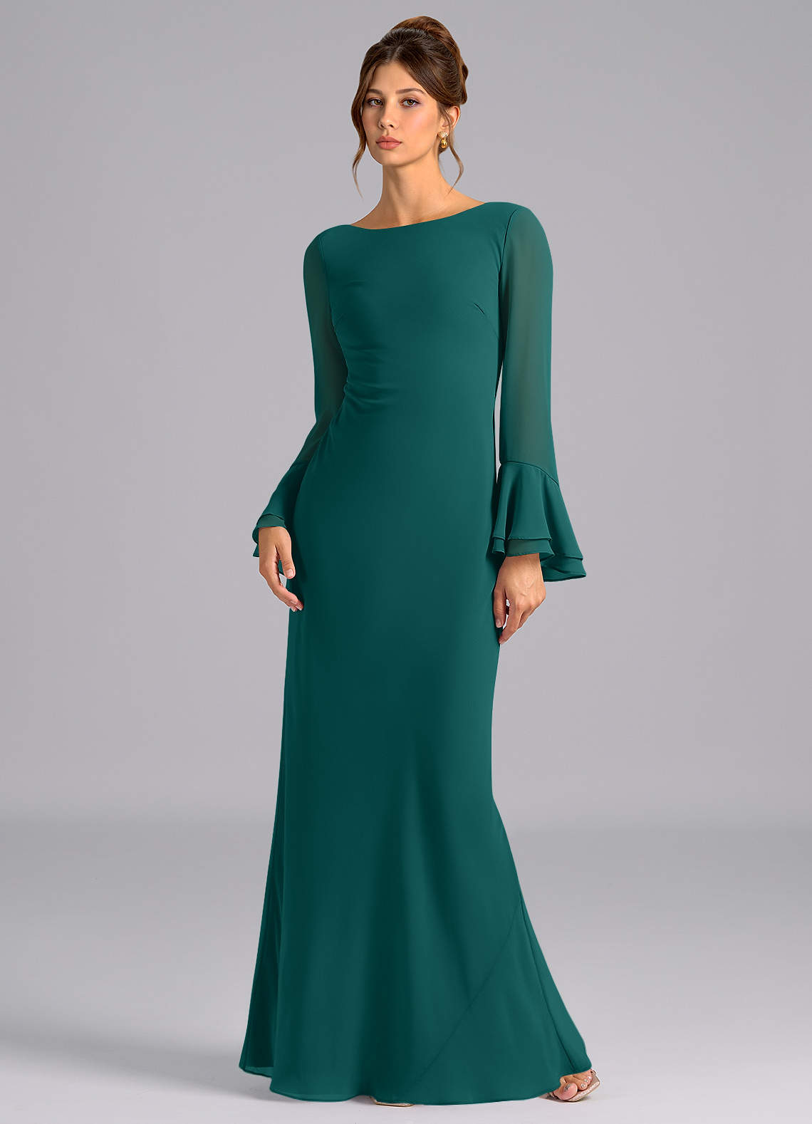 Azazie Leone Bridesmaid Dresses Peacock Mermaid Corset Chiffon Dress image1