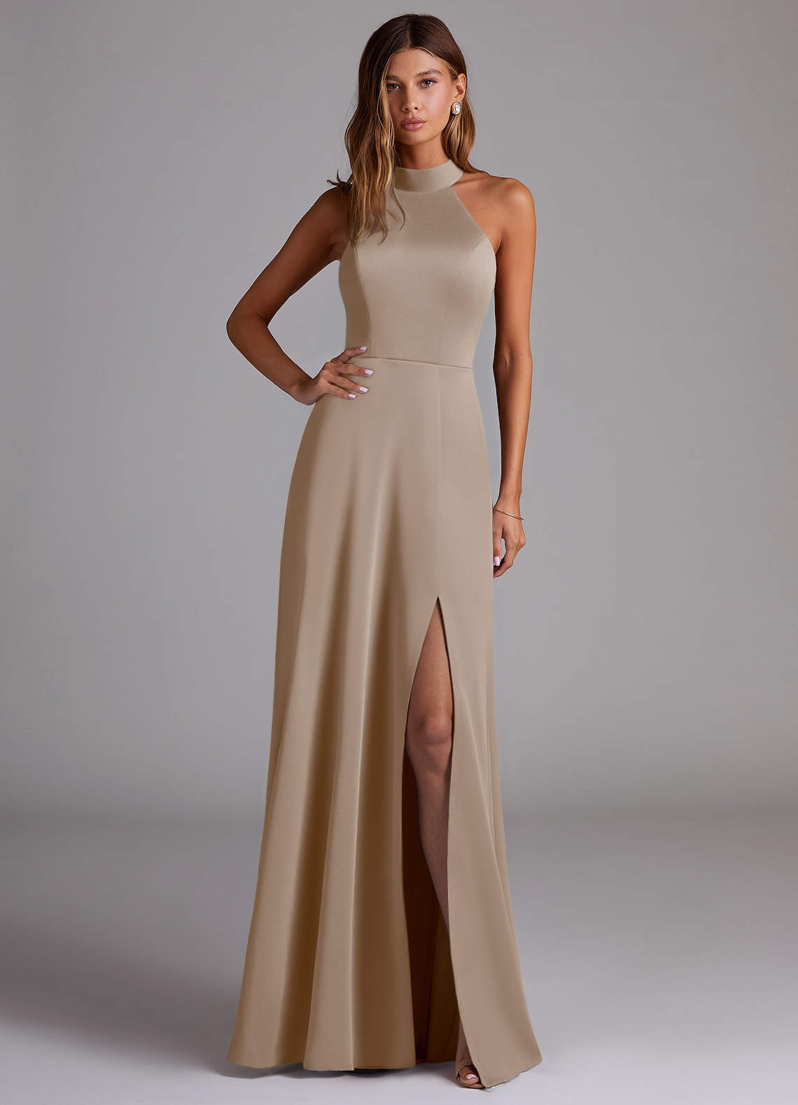Azazie Myra Brautjungfernkleider A-Linie Seitliche Cut-Outs Stretch-Satin Kleid Taupe image1