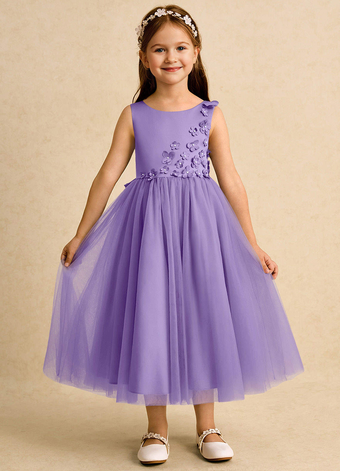 Azazie Malva vestidos de niña de las flores Vestido de Tahití de Tul de Princesa con Lazo image1