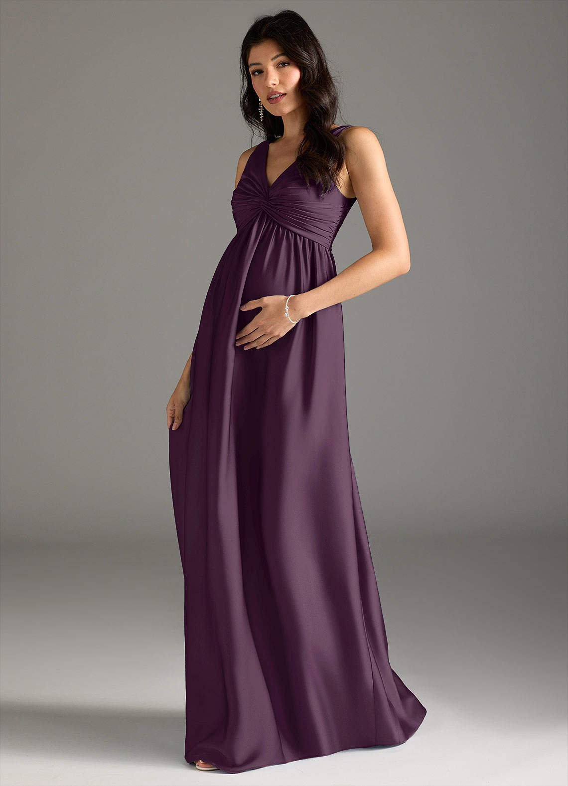 Azazie Yetta Maternity Bridesmaid Dresses A-Line Pleated Stretch Satin Floor-Length Dress image1
