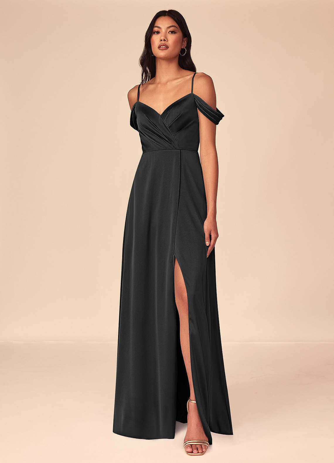 stretch satin black bridesmaid dresses Azazie Ocean