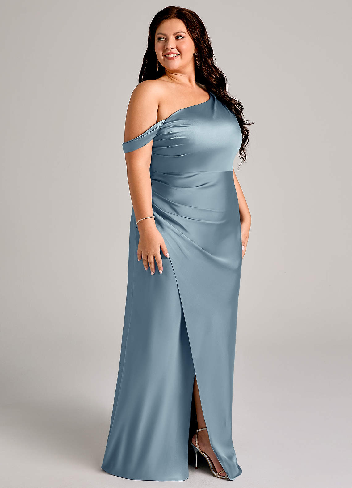 Azazie Madelyn Bridesmaid Dresses Dusty Blue Mermaid One Shoulder Stretch Satin Convertible Dress image11