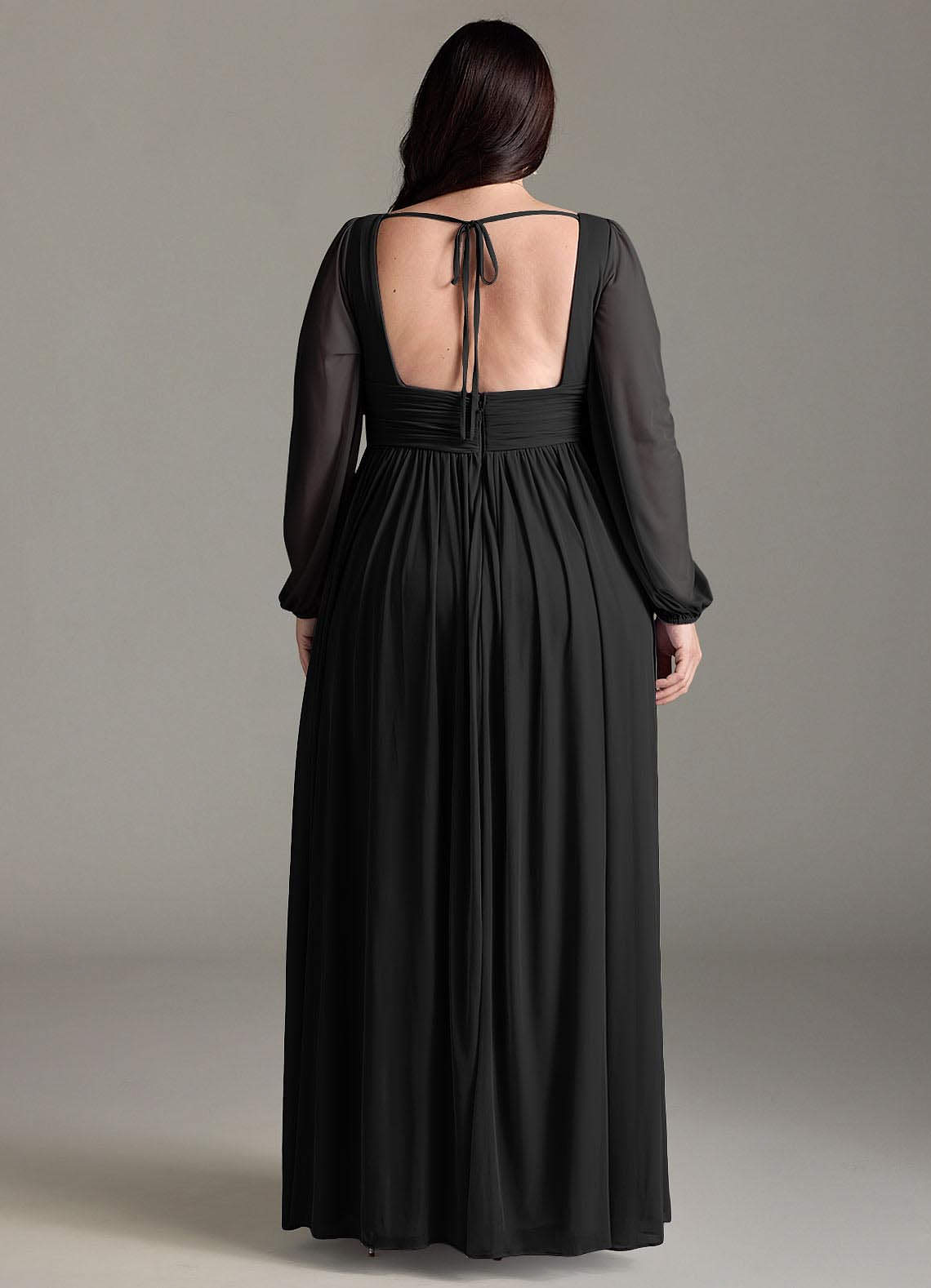 Azazie Norah At-home Try On Dresses Black A-Line V-Neck Long Sleeve Chiffon Dress image6