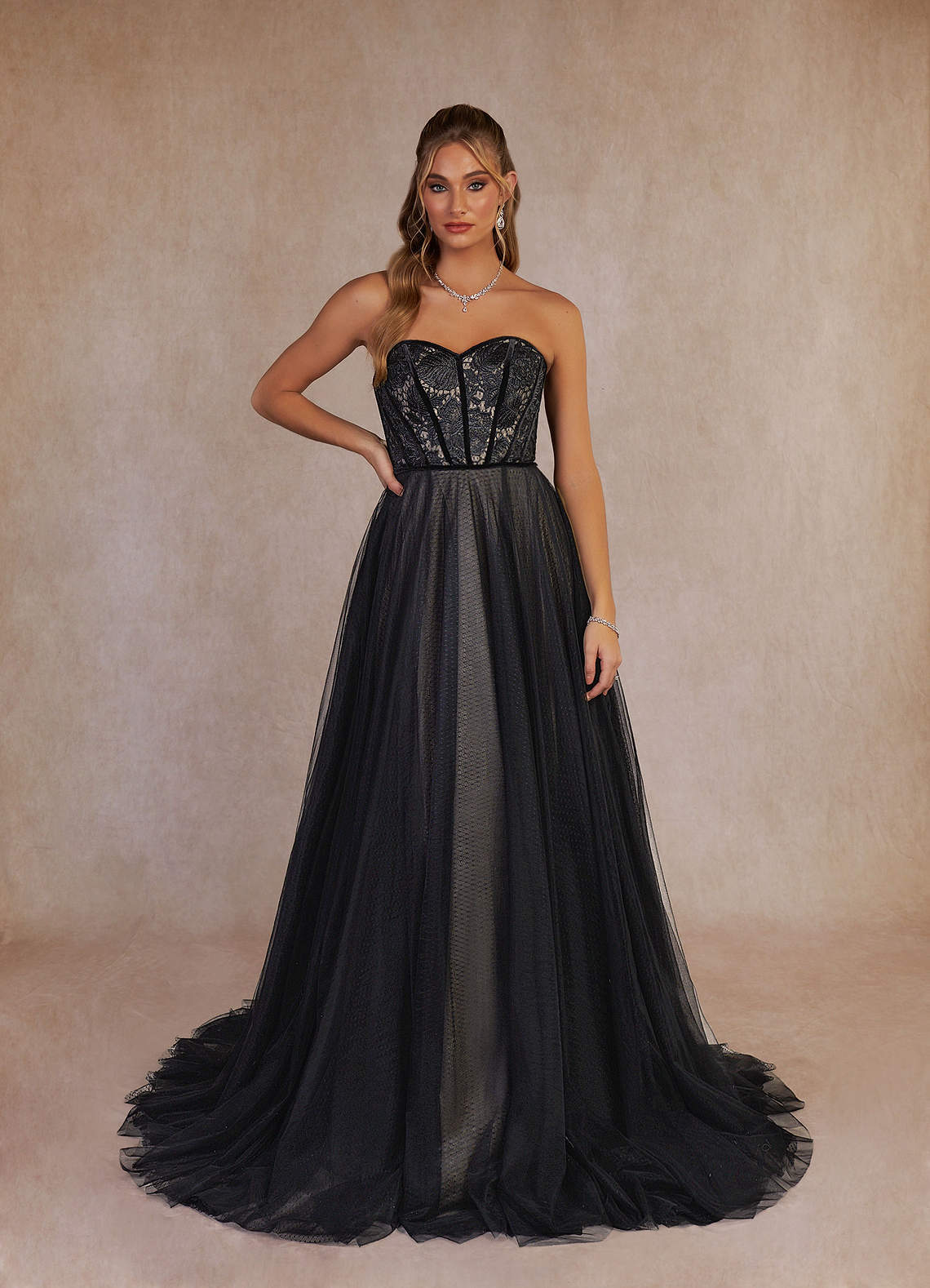 Azazie Persephone Wedding Dresses Black Champagne Ball-Gown Lace Tulle Dress image1
