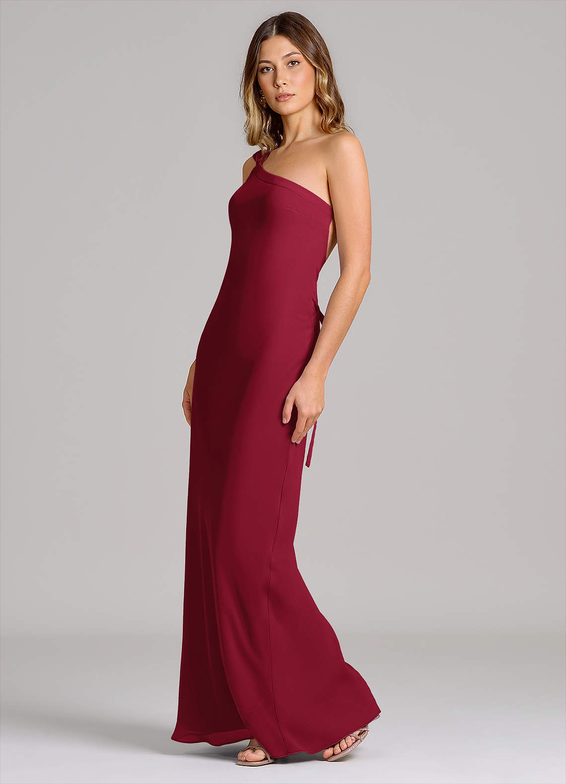 one shoulder burgundy bridesmaid dress Azazie Brooke