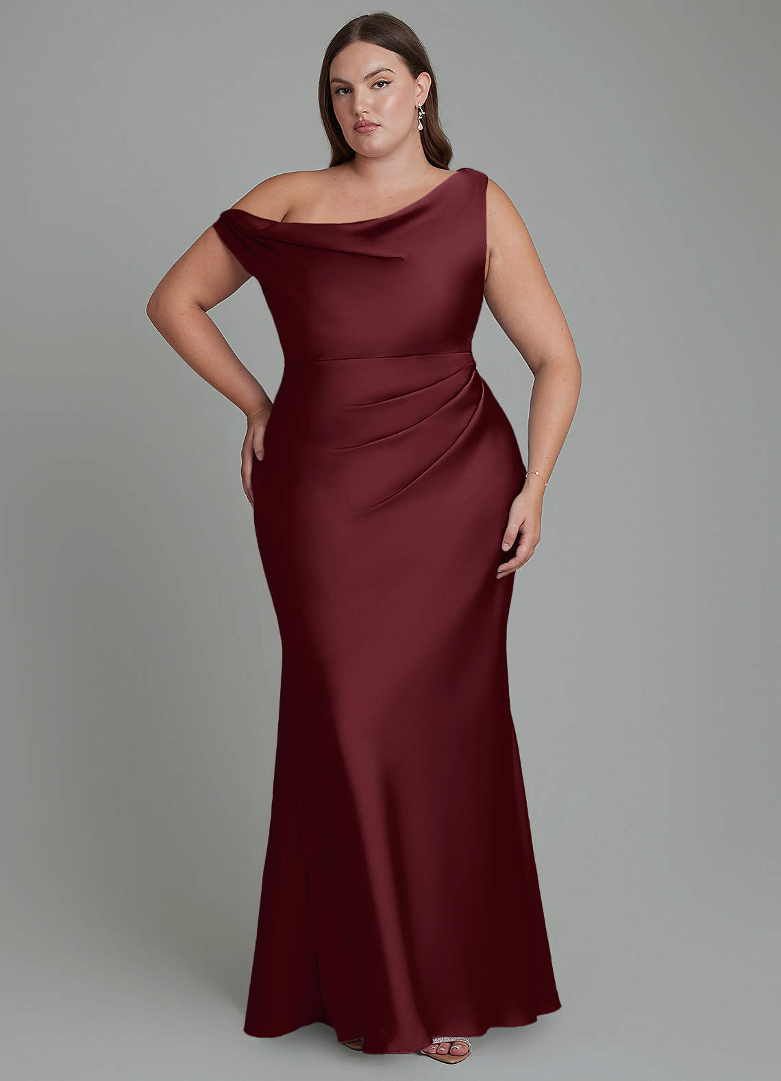 Azazie Emerson Bridesmaid Dresses Cabernet Mermaid Off the Shoulder Stretch Satin Dress image1