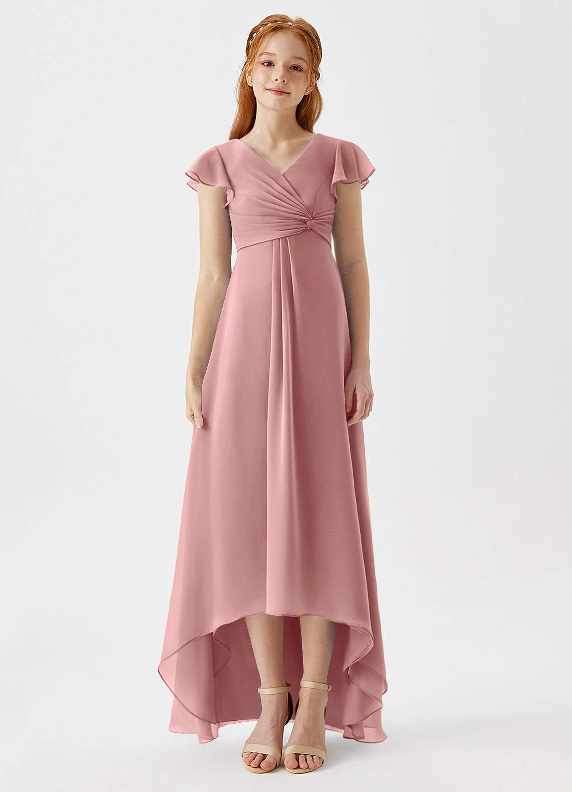 Azazie Breanne Junior Vestido de Rosa Polvorienta de Gasa de Corte En A image4