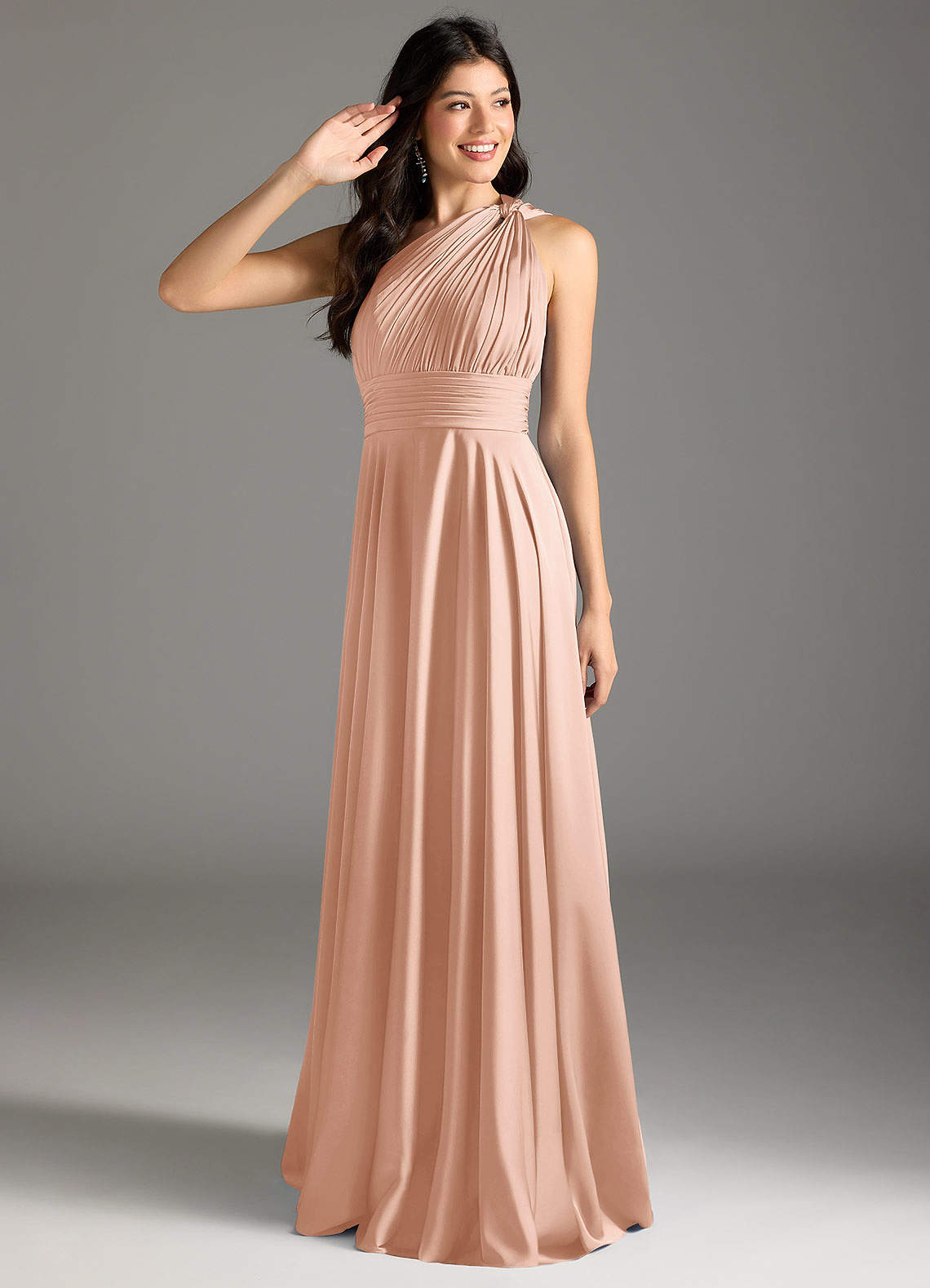 Azazie Charlize Robes de demoiselle d'honneur Robe Trapèze en Satin extensible Ue épaule Or Rose image1