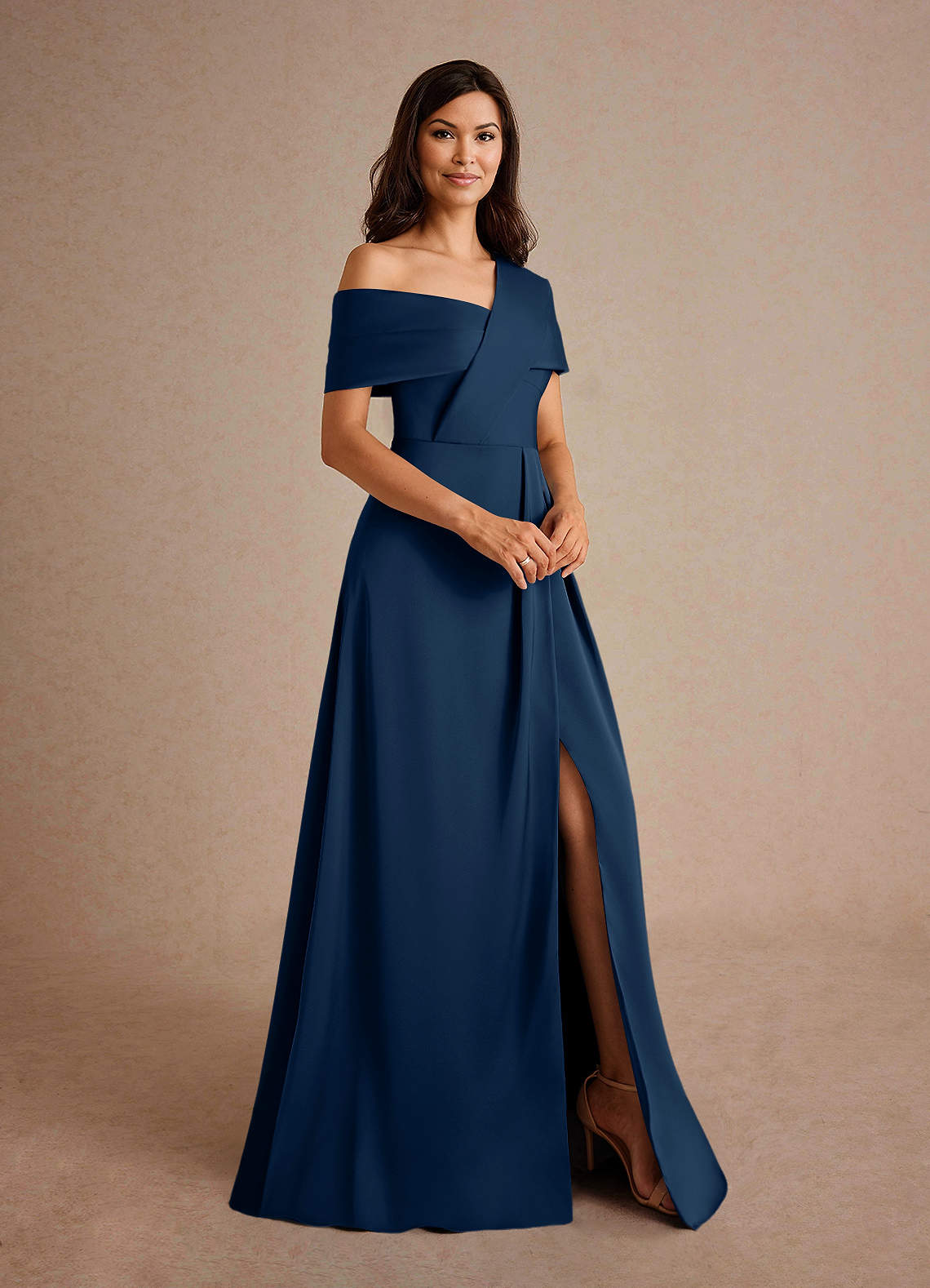 Azazie Milton Mother of the Bride Dresses Dark Navy A-Line Pleated Stretch Satin Dress image5