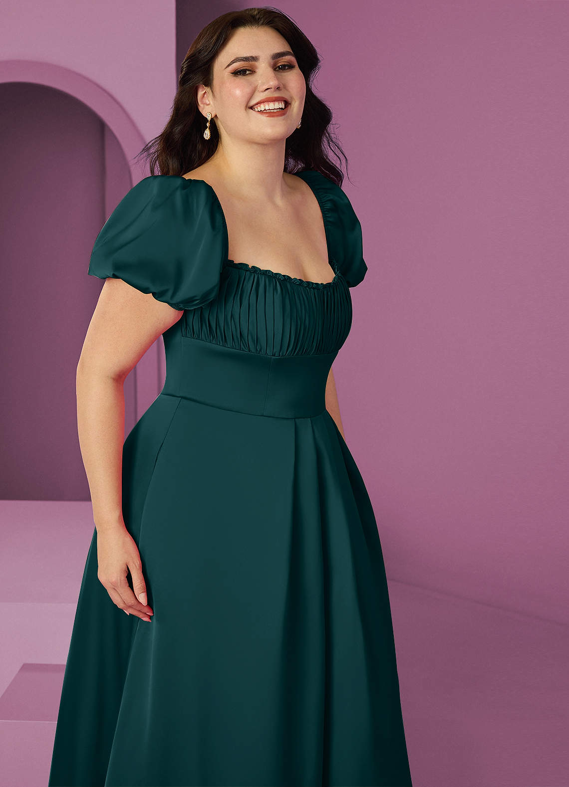 Barbie ♥ Azazie Robes de demoiselle d'honneur Robe Trapèze en Satin extensible Rayé Vert Pin image9