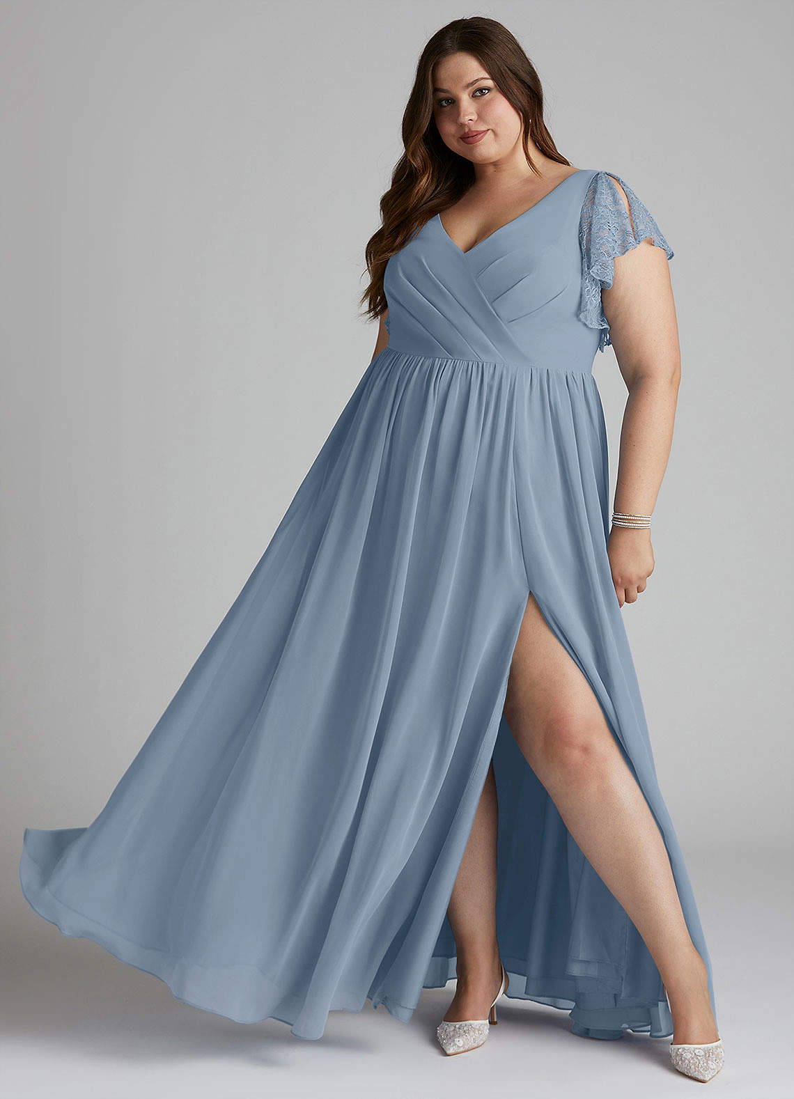 Azazie Zella Bridesmaid Dresses Dusty Blue A-Line Lace Chiffon Dress image1