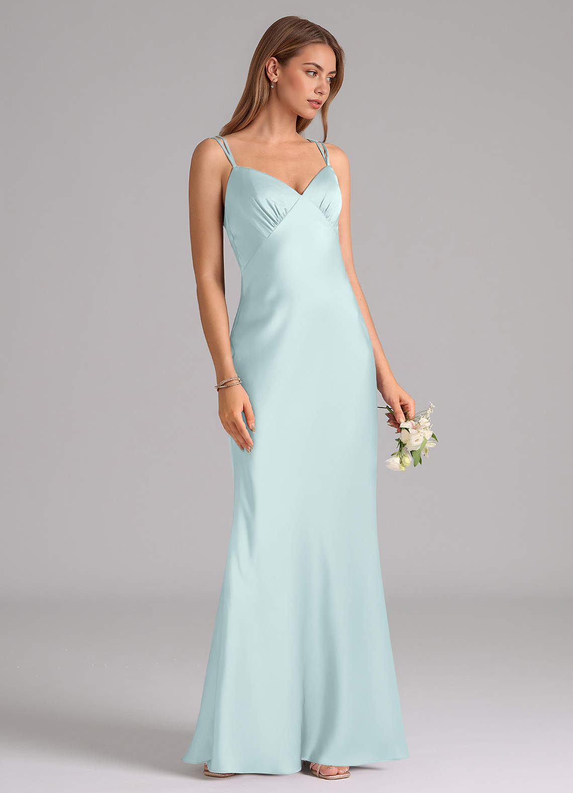 Azazie Suttona Brudtärnklänningar Klä av A-Linje i Stretch Satin Plisserad Dimma image1