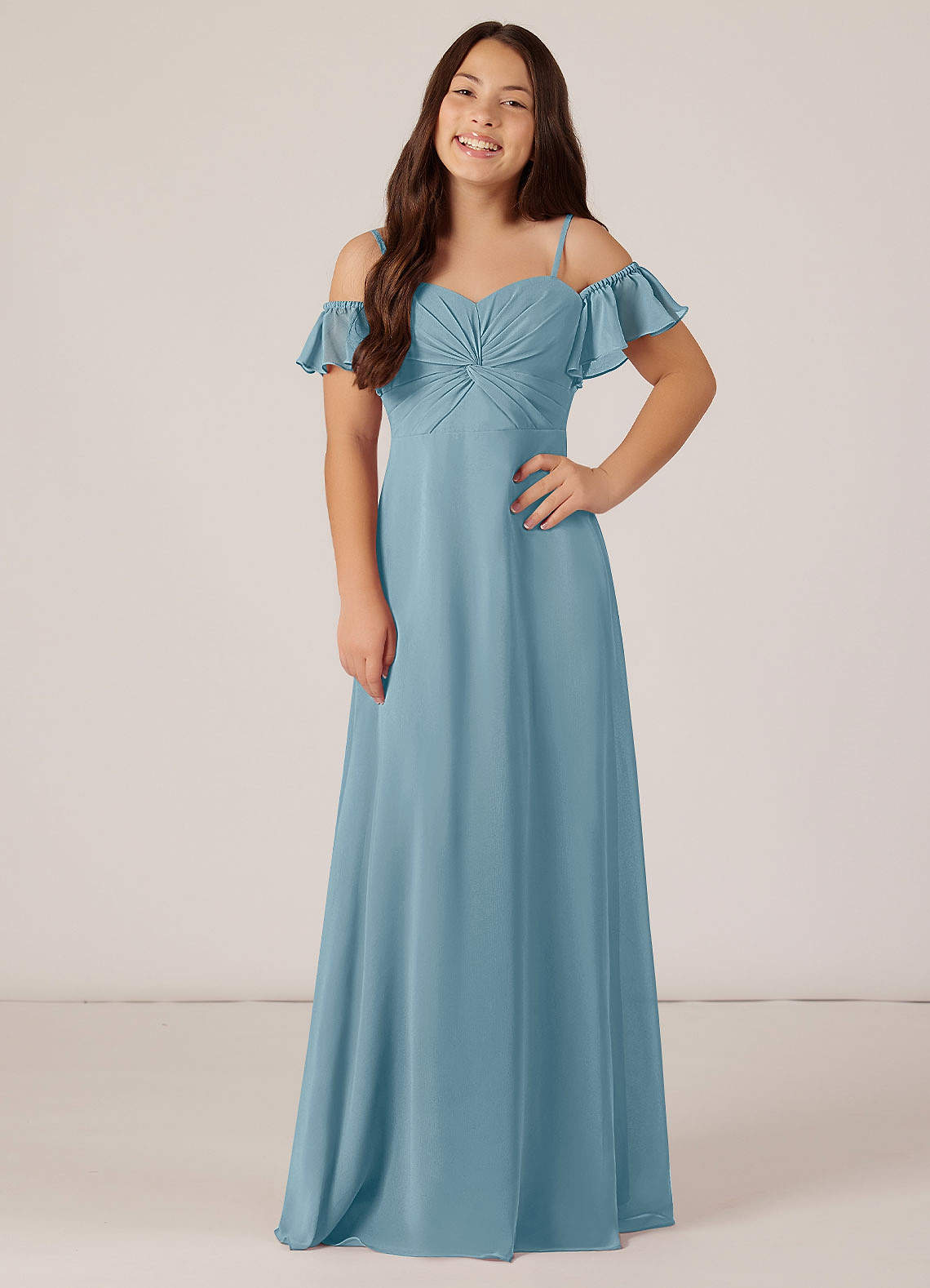 Azazie Juna Junior Vestido de Azul Grisaceo de Gasa de Corte En A con Vestidos sin tirantes image1