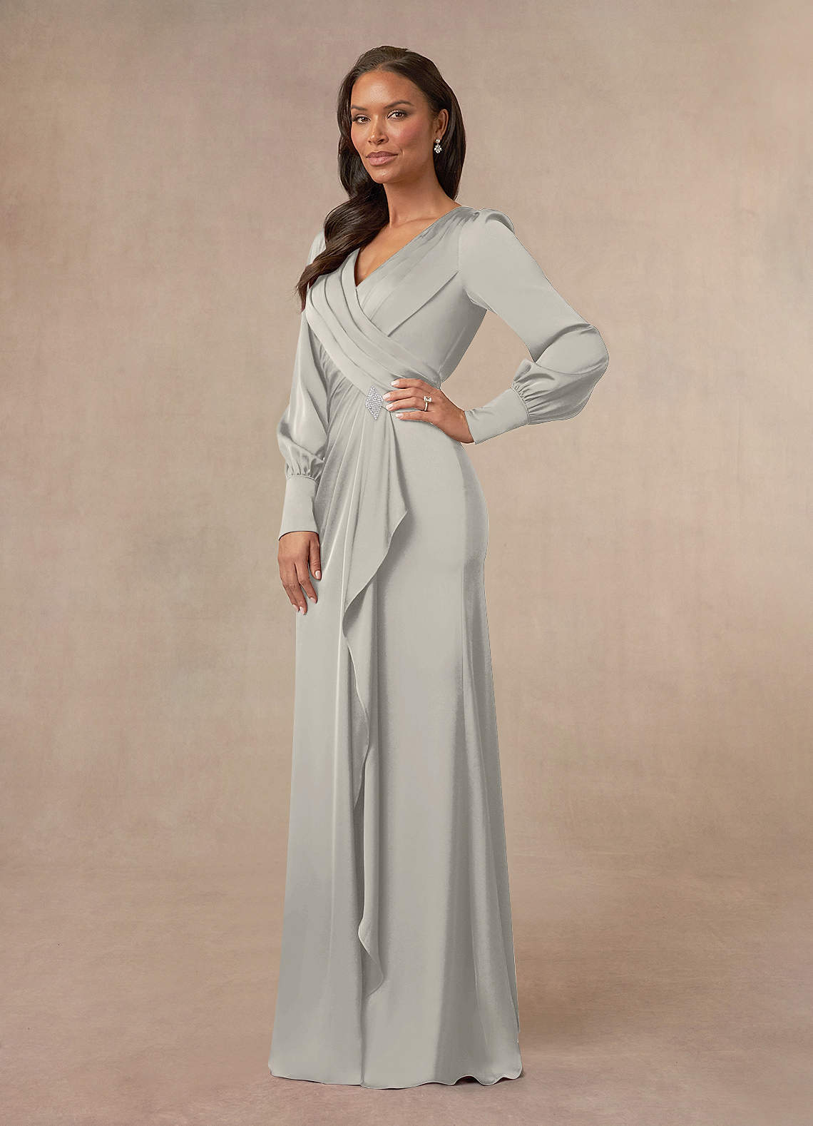 Pebble Azazie Petrina Mermaid Pleated Stretch Satin Floor-Length Dress ...