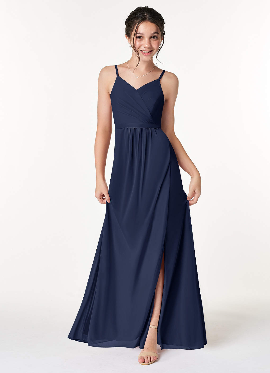 Azazie Luxy Junior Dark Navy Pleated Mesh Dress image1