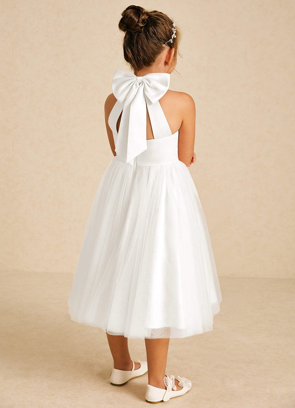 Azazie Dora Flower Girl Dresses Ivory A-Line Bow Tulle Dress image1