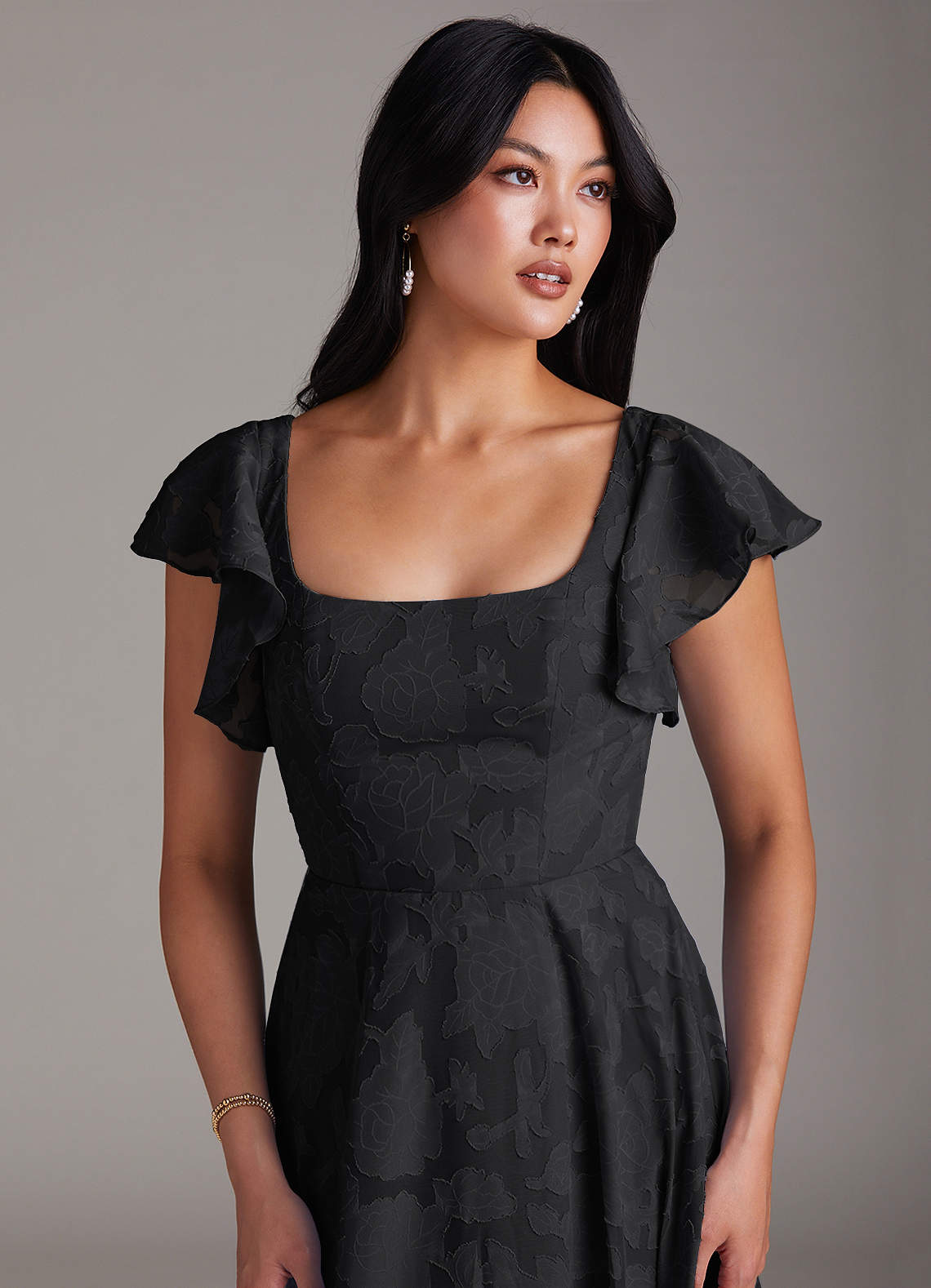 Azazie Bondi Bridesmaid Dresses Black A-Line Side Slit Floral Burnout Dress image5