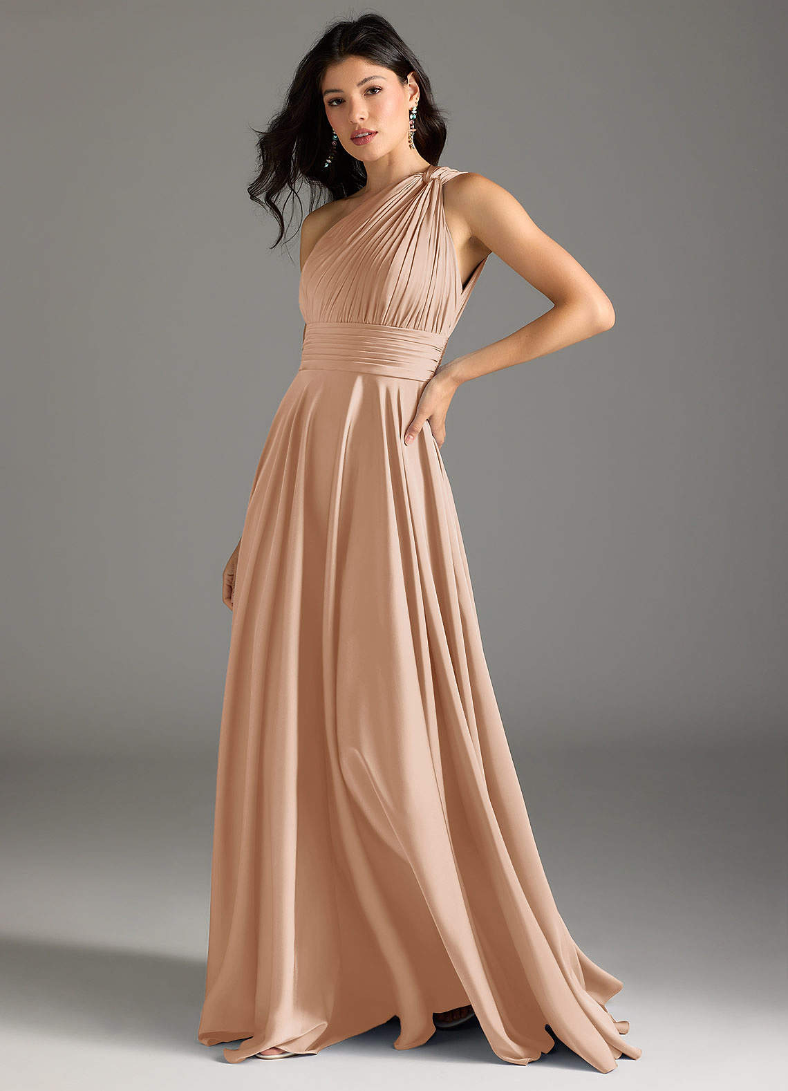 Azazie Charlize Bridesmaid Dresses English Rose A-Line One Shoulder Stretch Satin Dress image3