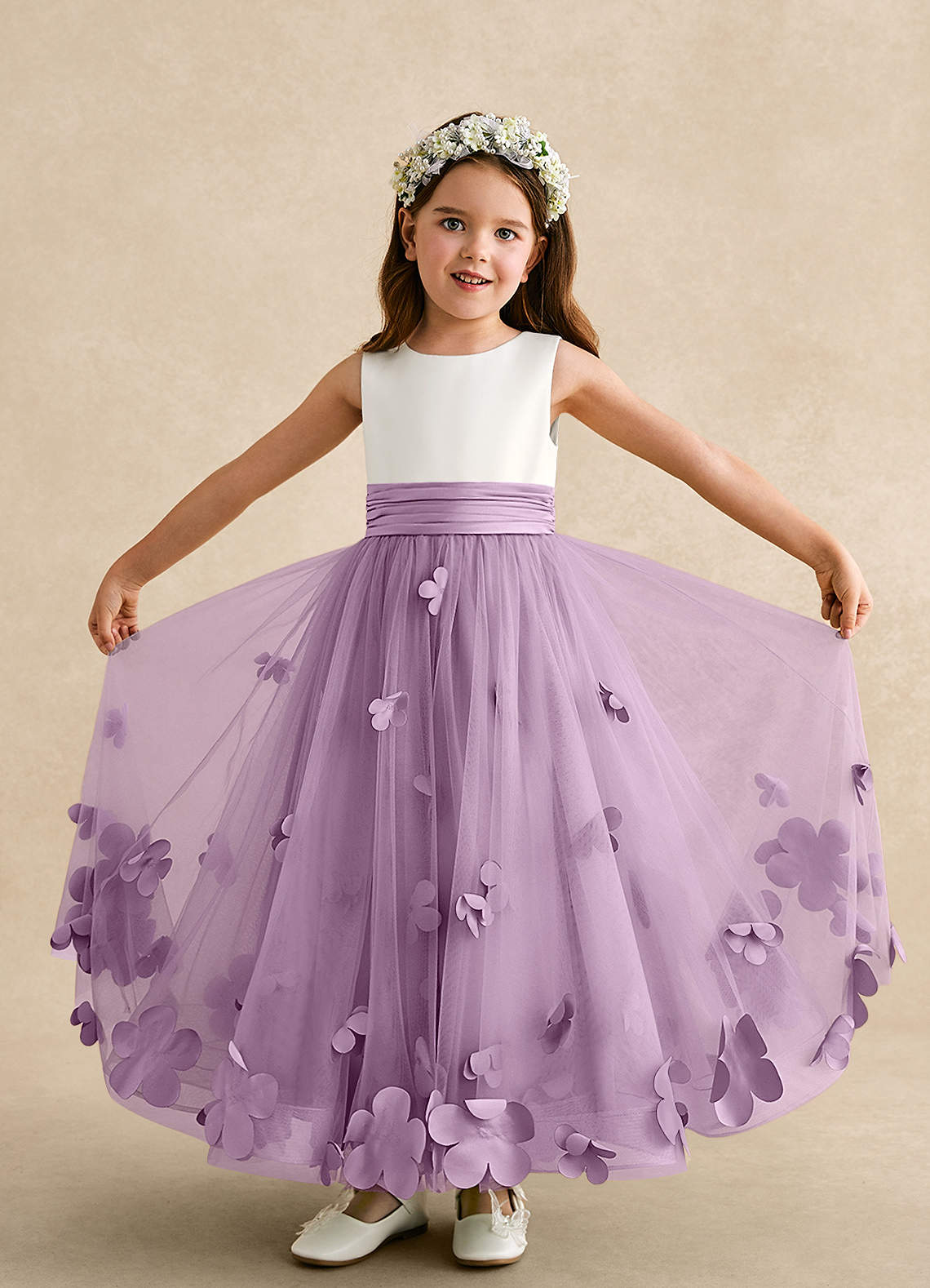 Azazie Vi Robe Demoiselle D'honneur Fillette Robe Trapèze en Tulle Sans manches Glycine image4